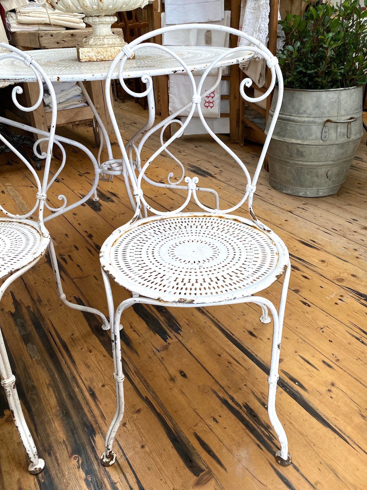 Antique French White Round Metal Outdoor Table & 2 Chairs