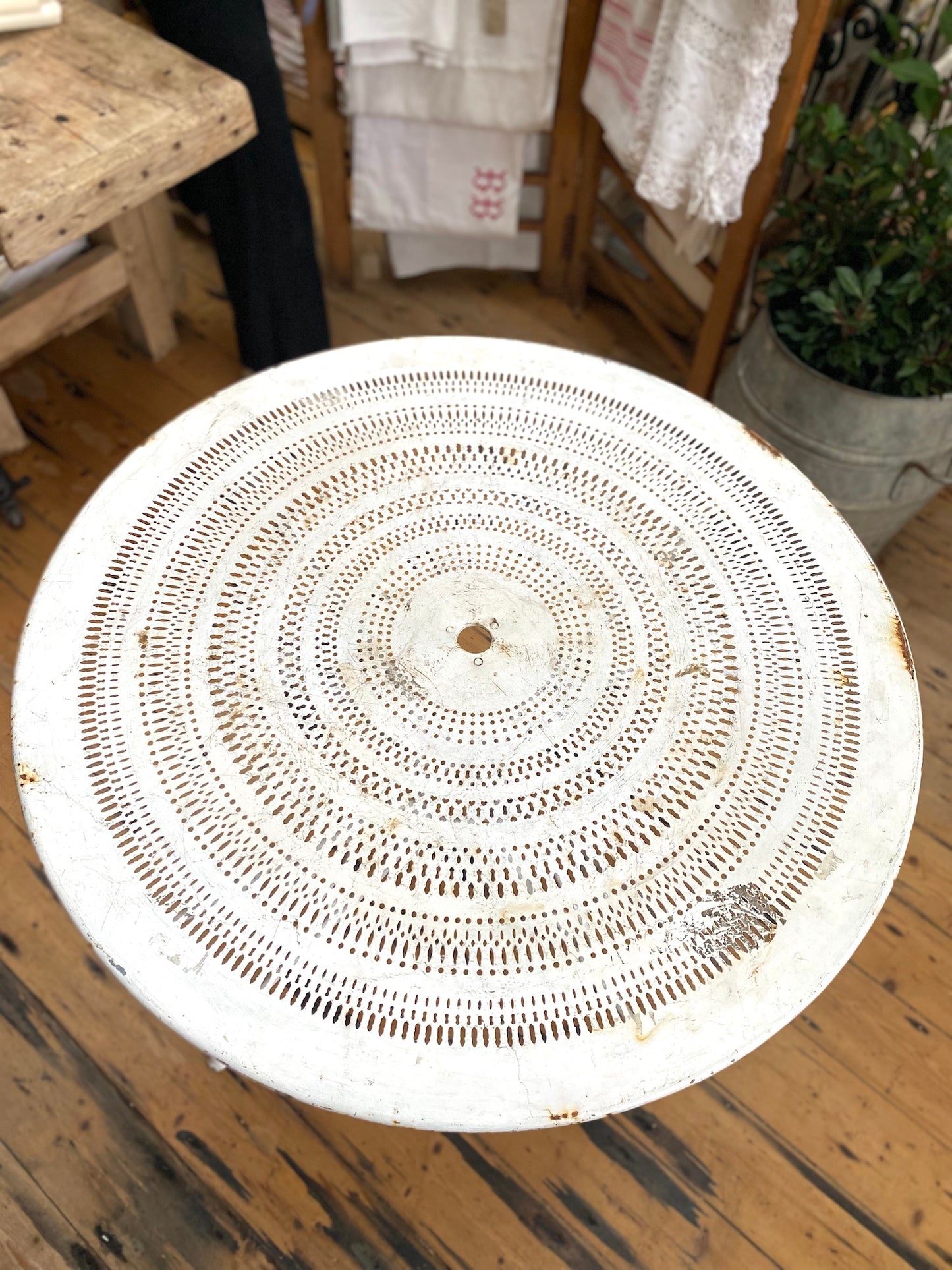 Antique French White Round Metal Outdoor Table & 2 Chairs