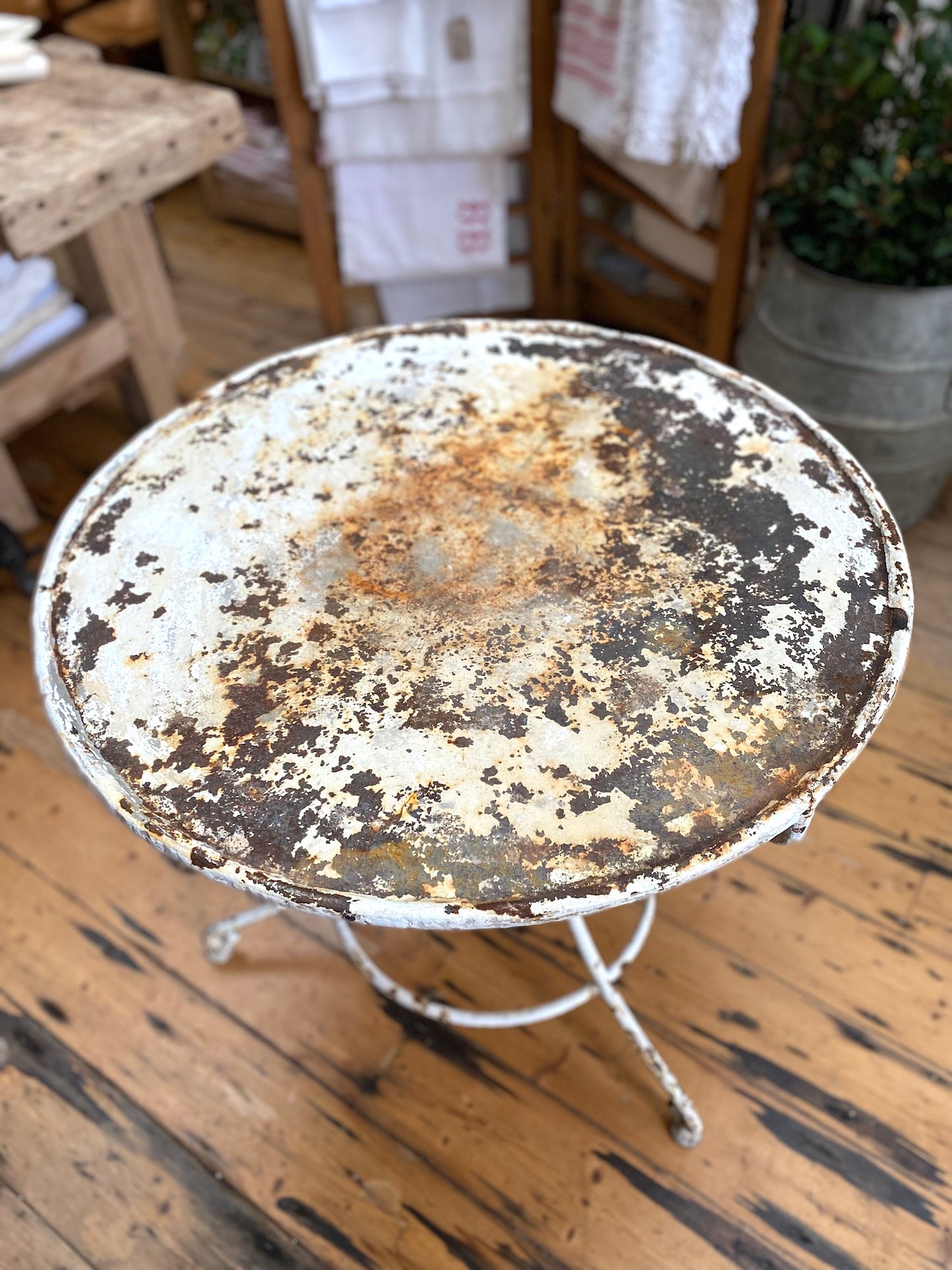 Antique French White Round Metal Outdoor Table