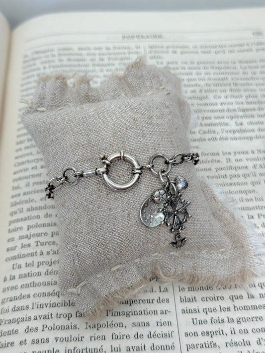 Antique French Silver Charm Bracelet With Petite Christian Medal