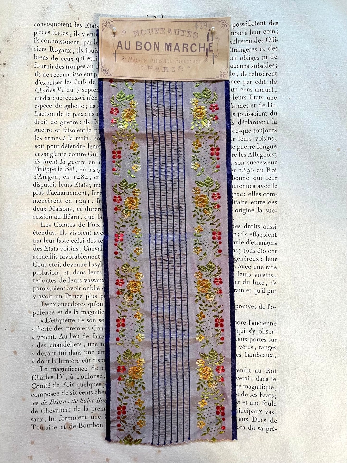 Antique French Floral Silk Navy Ribbon