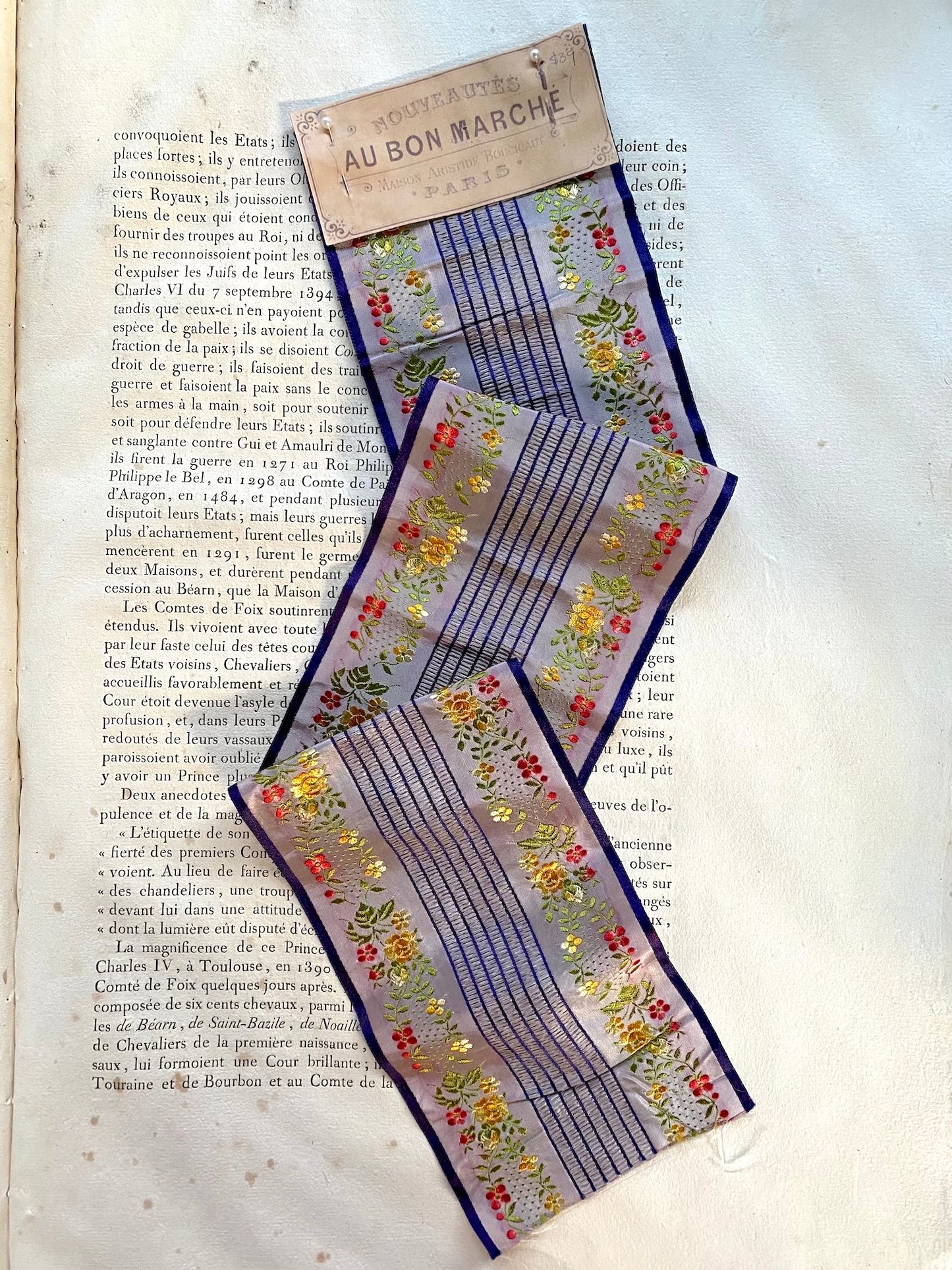 Antique French Floral Silk Navy Ribbon