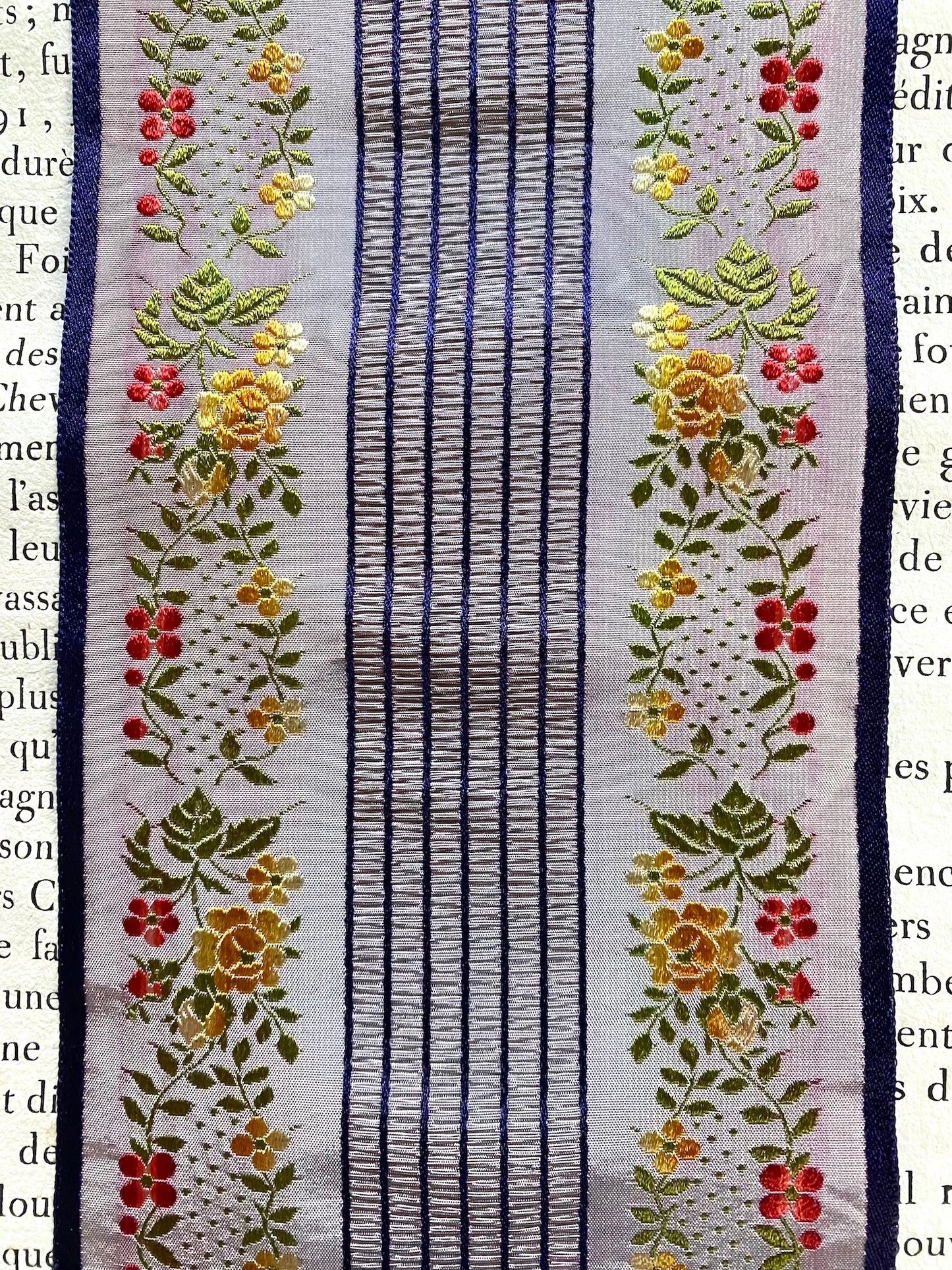 Antique French Floral Silk Navy Ribbon