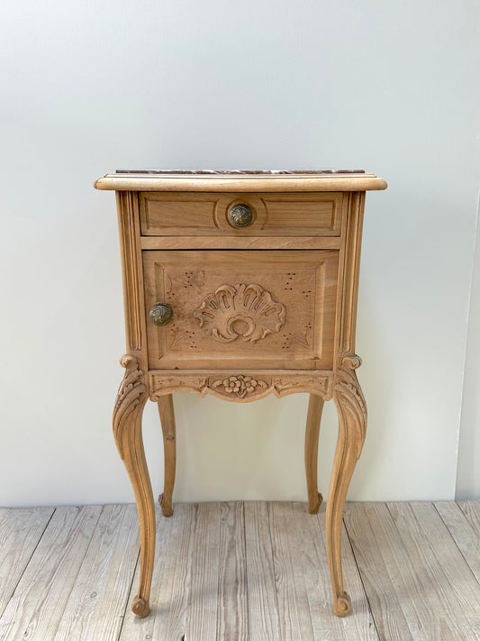 Antique French Louis XV Raw Oak Marble Top Bedside Table