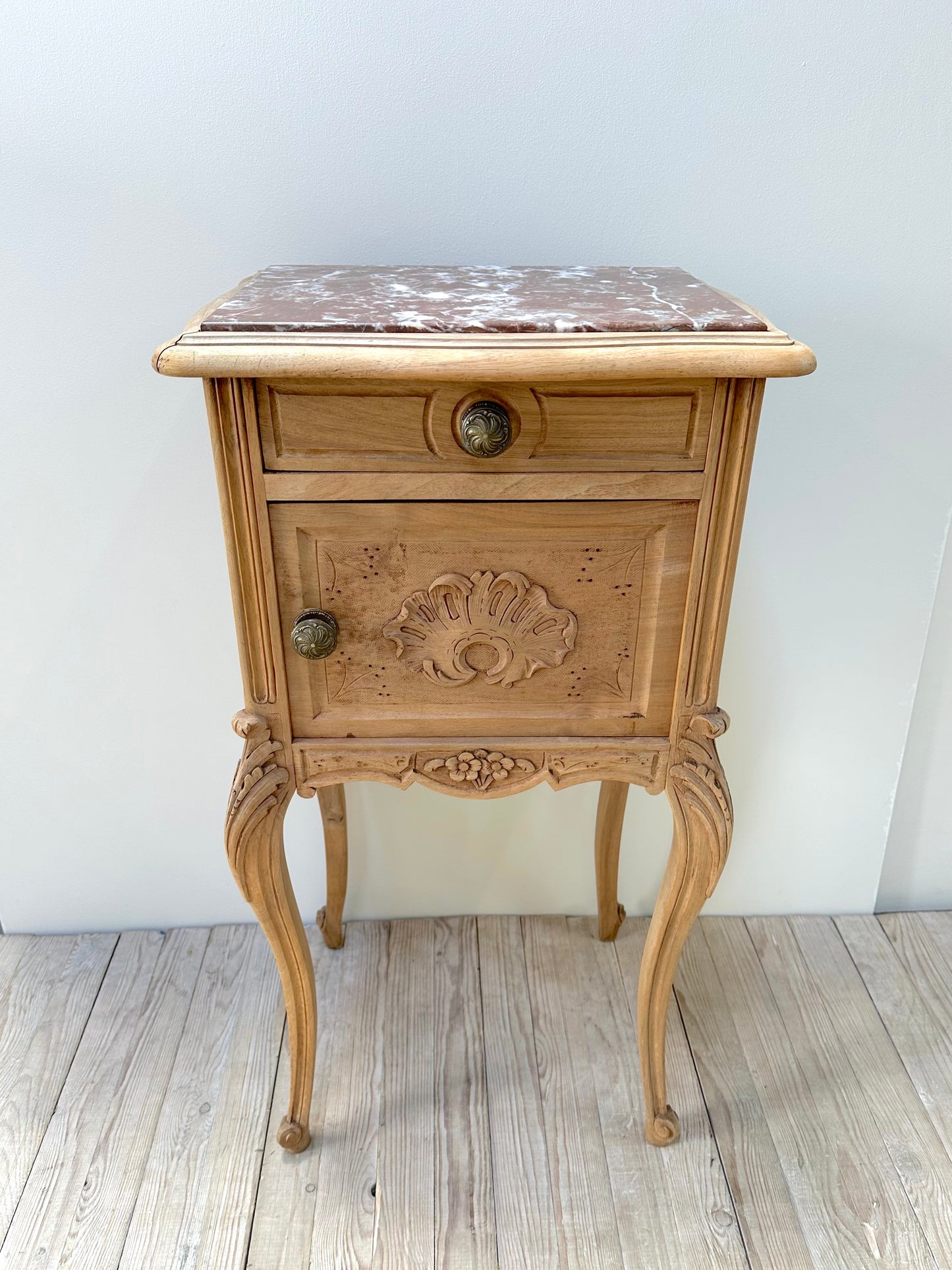 Antique French Louis XV Raw Oak Marble Top Bedside Table