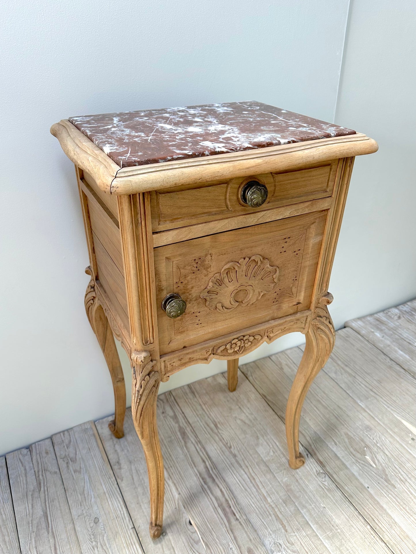 Antique French Louis XV Raw Oak Marble Top Bedside Table