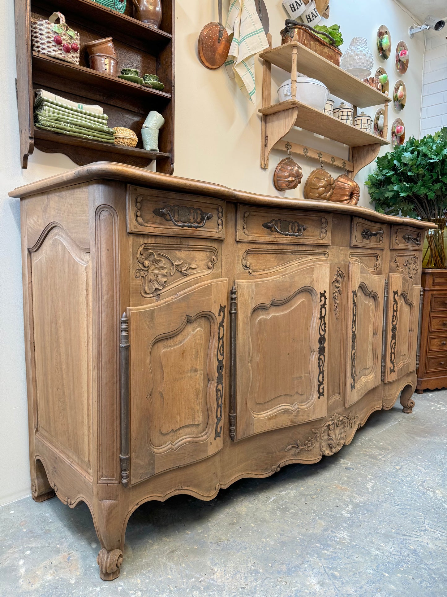 Antique French Louis XV Walnut 4 Door Serpentine Sideboard