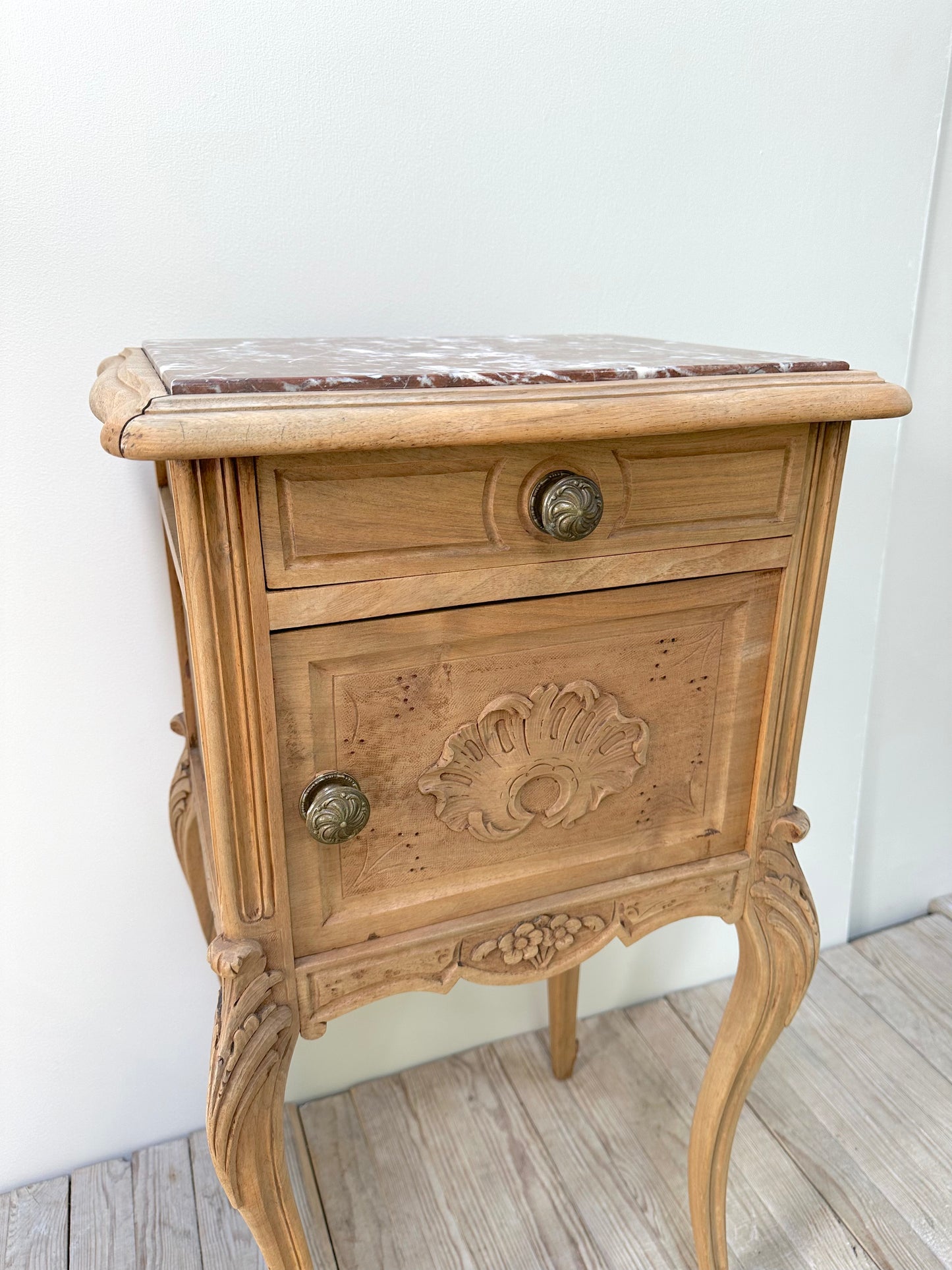 Antique French Louis XV Raw Oak Marble Top Bedside Table