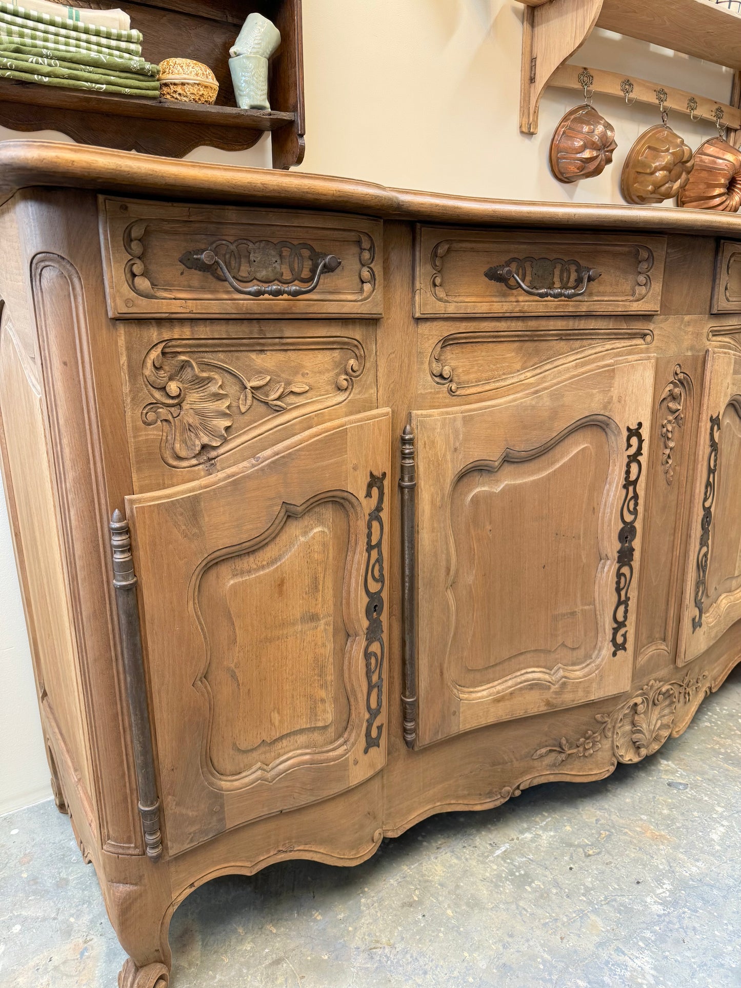 Antique French Louis XV Walnut 4 Door Serpentine Sideboard