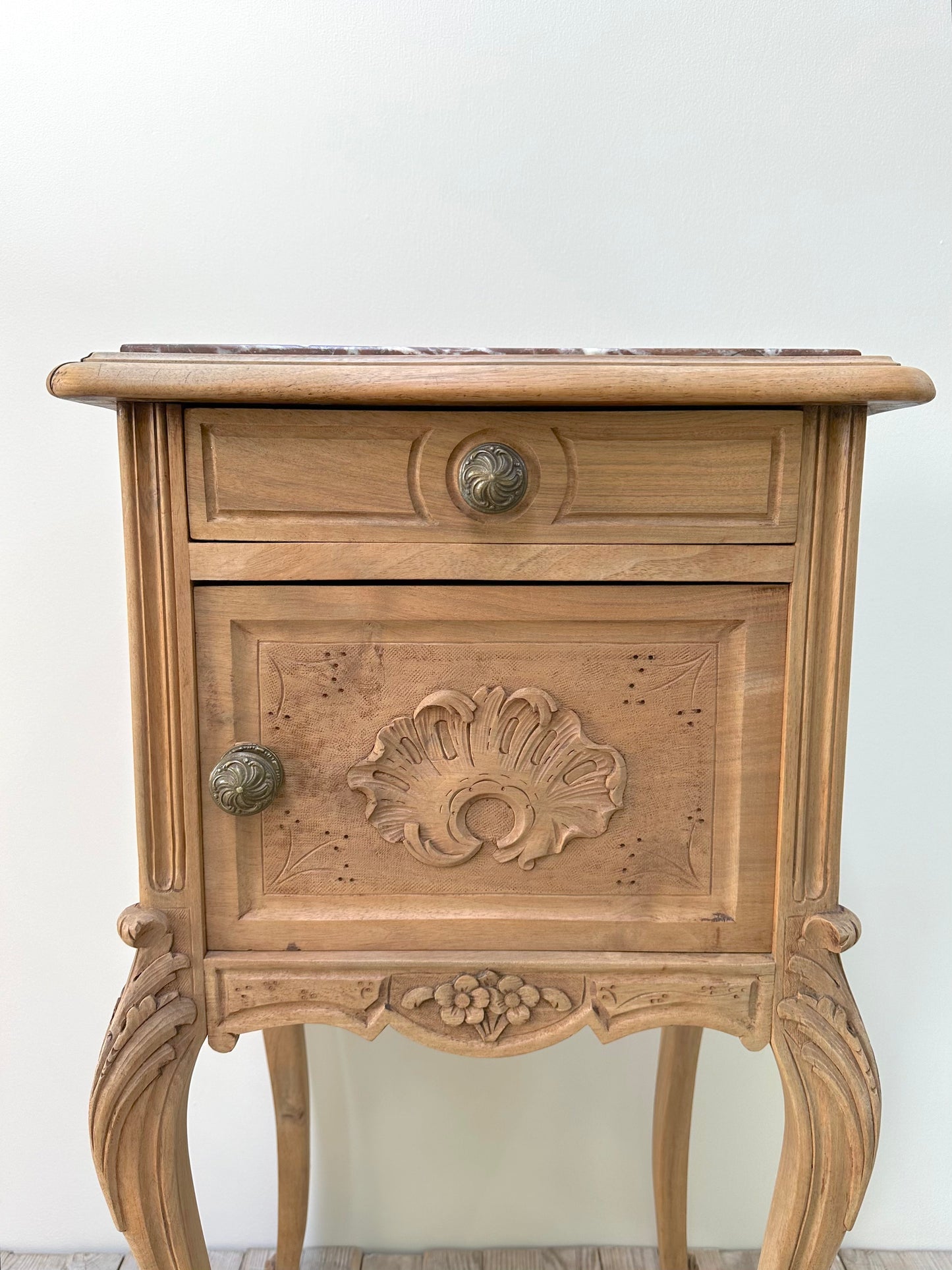 Antique French Louis XV Raw Oak Marble Top Bedside Table