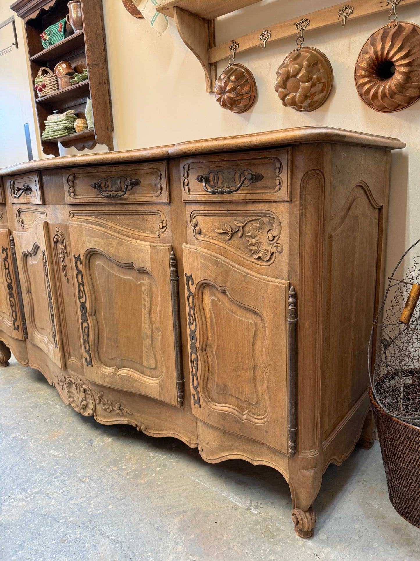 Antique French Louis XV Walnut 4 Door Serpentine Sideboard