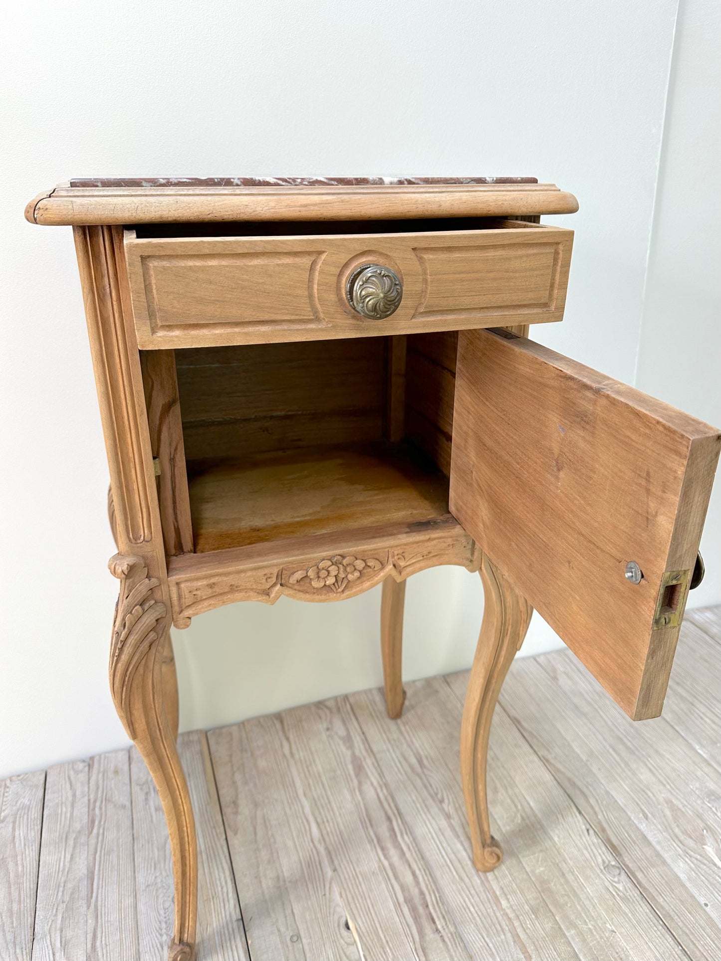 Antique French Louis XV Raw Oak Marble Top Bedside Table