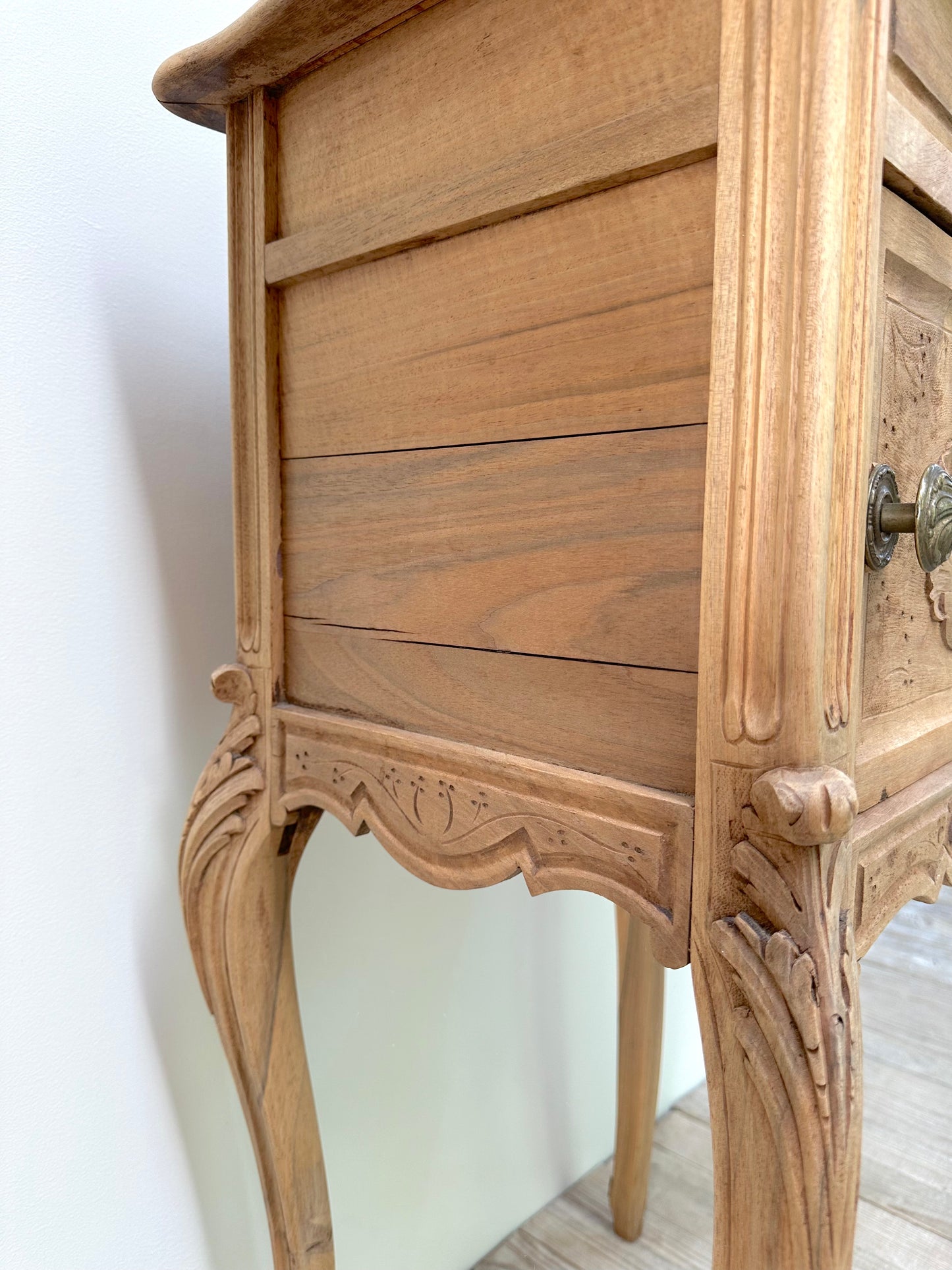 Antique French Louis XV Raw Oak Marble Top Bedside Table