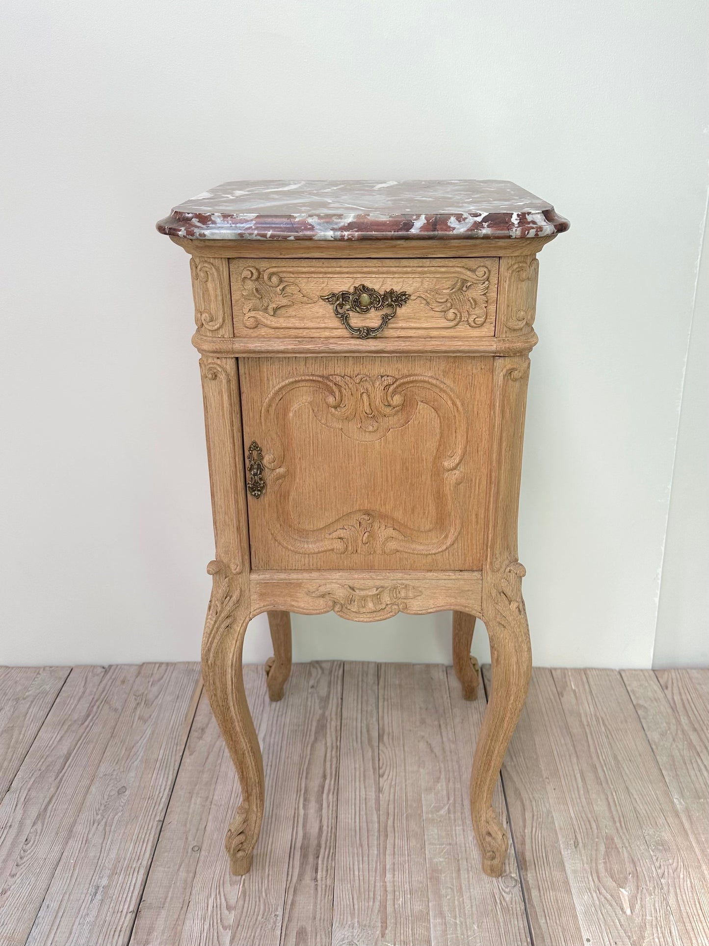 Antique French Pair of Louis XV Raw Oak Marble Top Bedside Tables