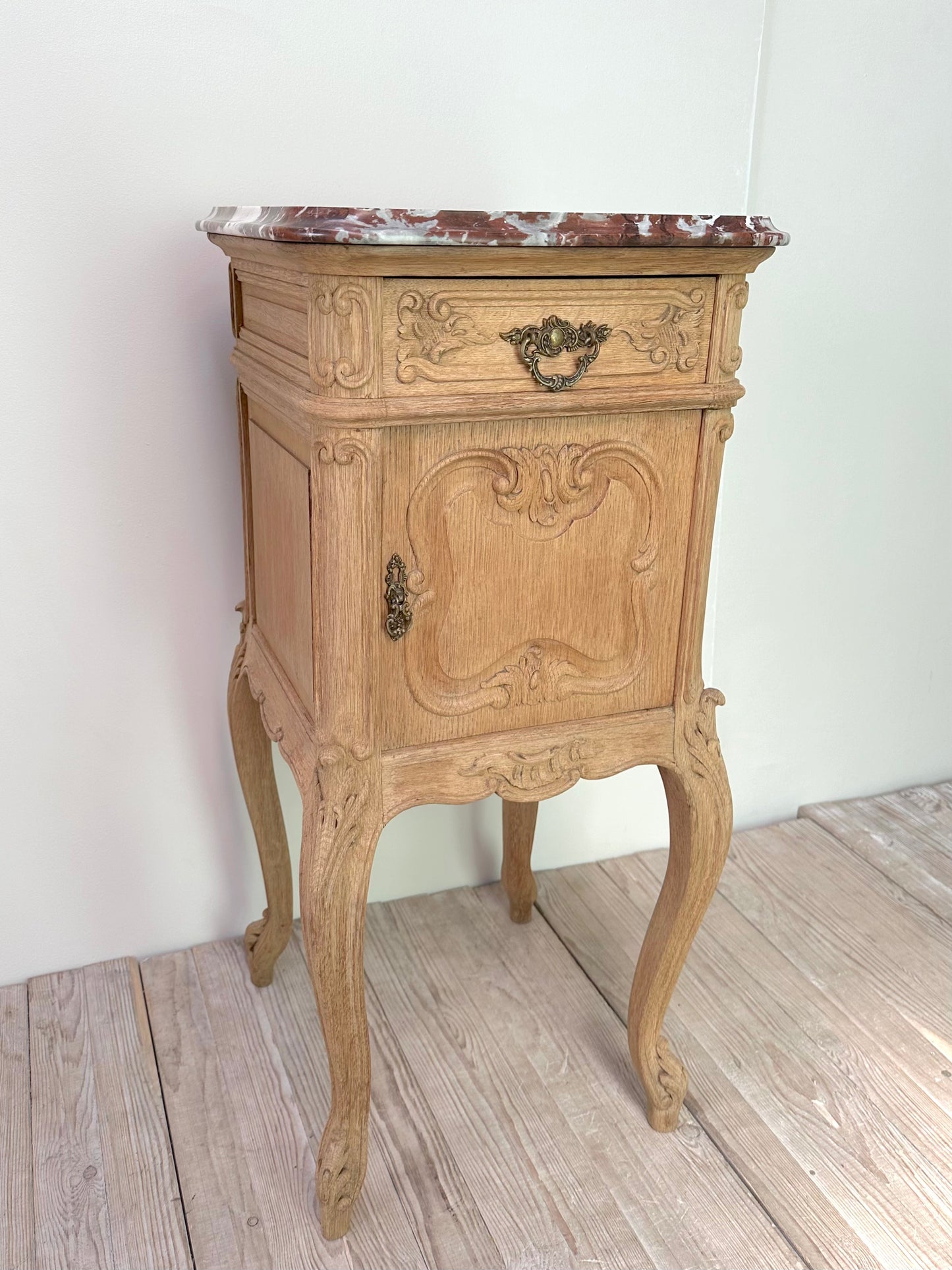 Antique French Pair of Louis XV Raw Oak Marble Top Bedside Tables