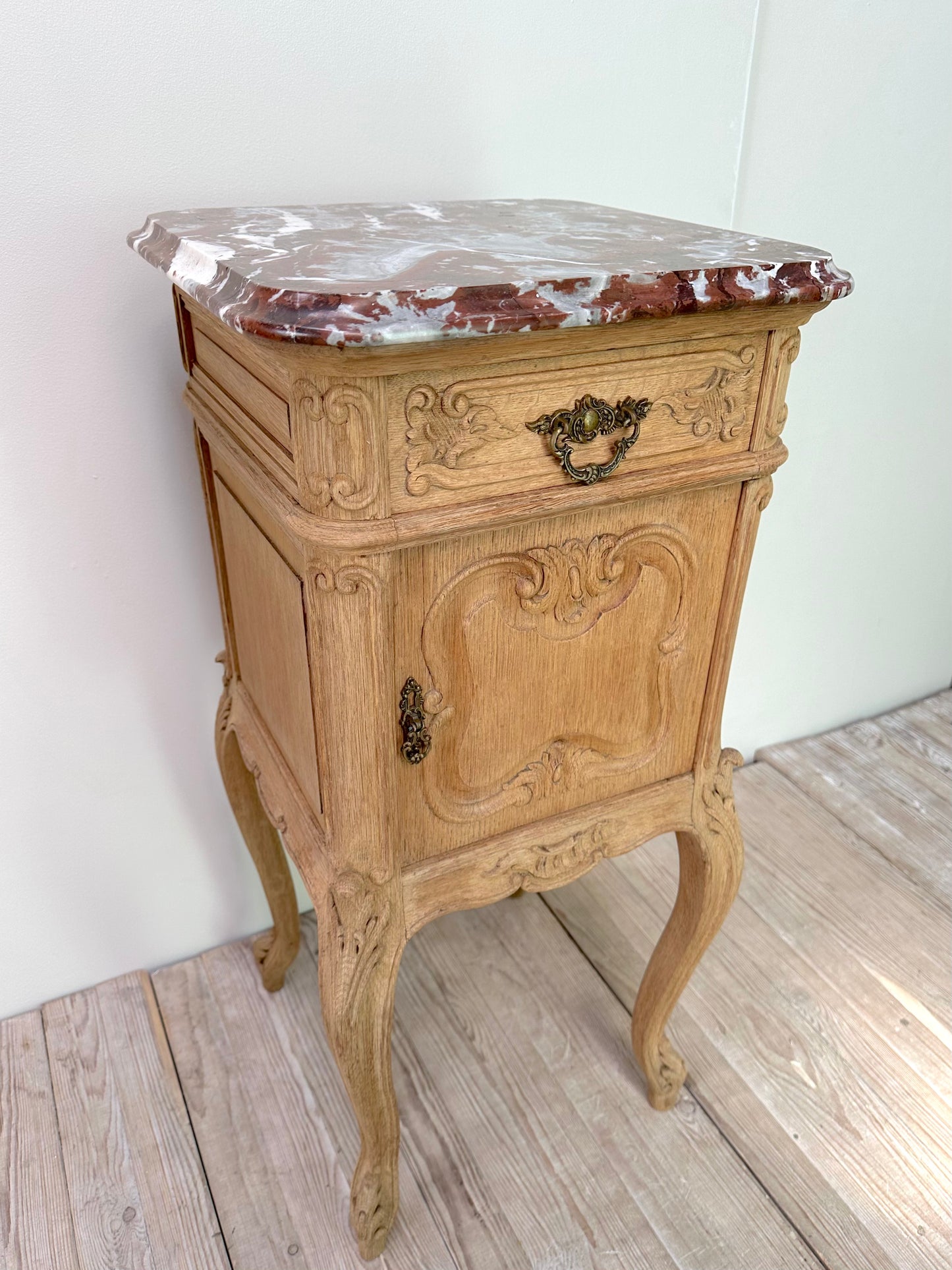 Antique French Pair of Louis XV Raw Oak Marble Top Bedside Tables