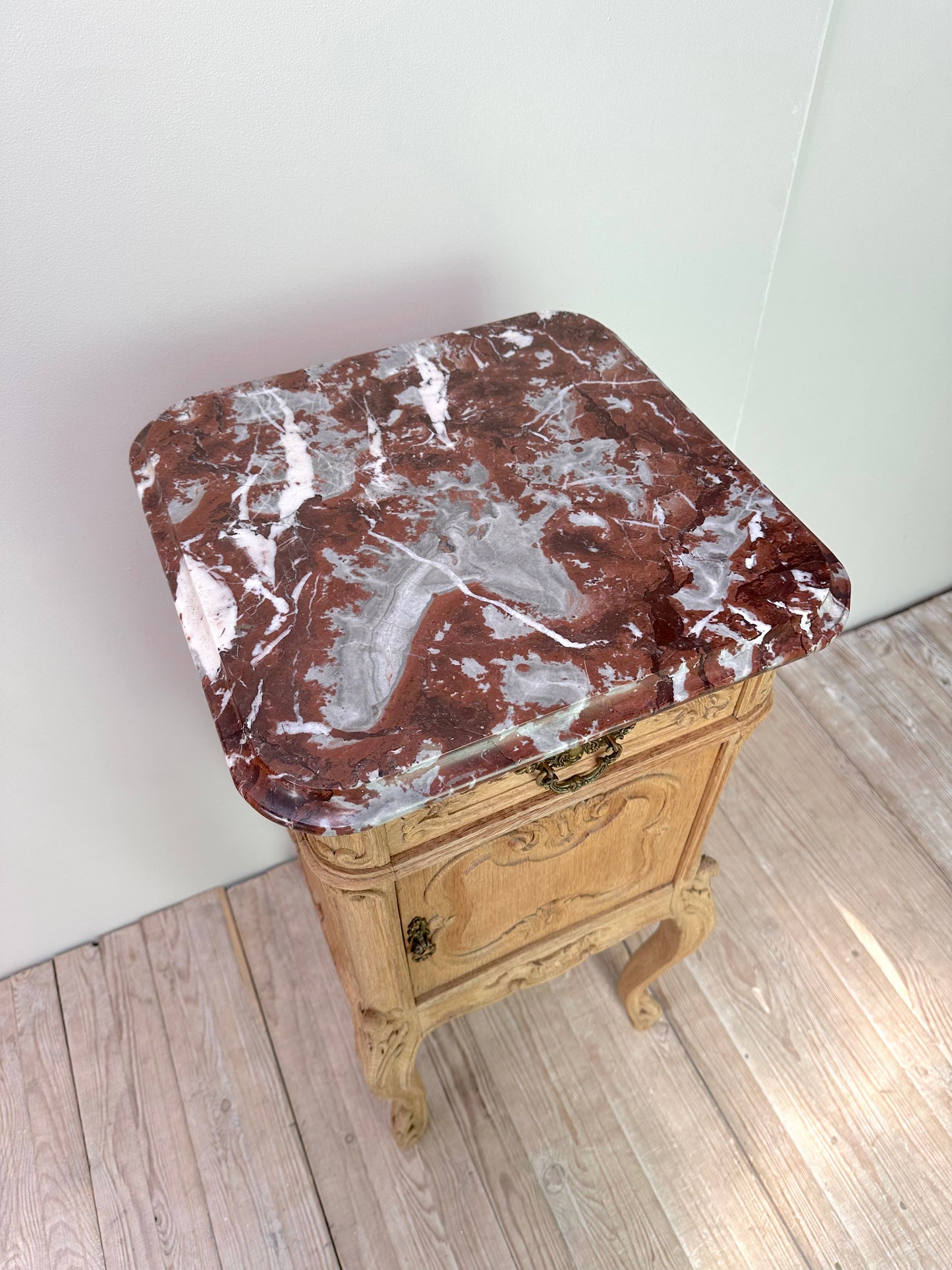 Antique French Pair of Louis XV Raw Oak Marble Top Bedside Tables