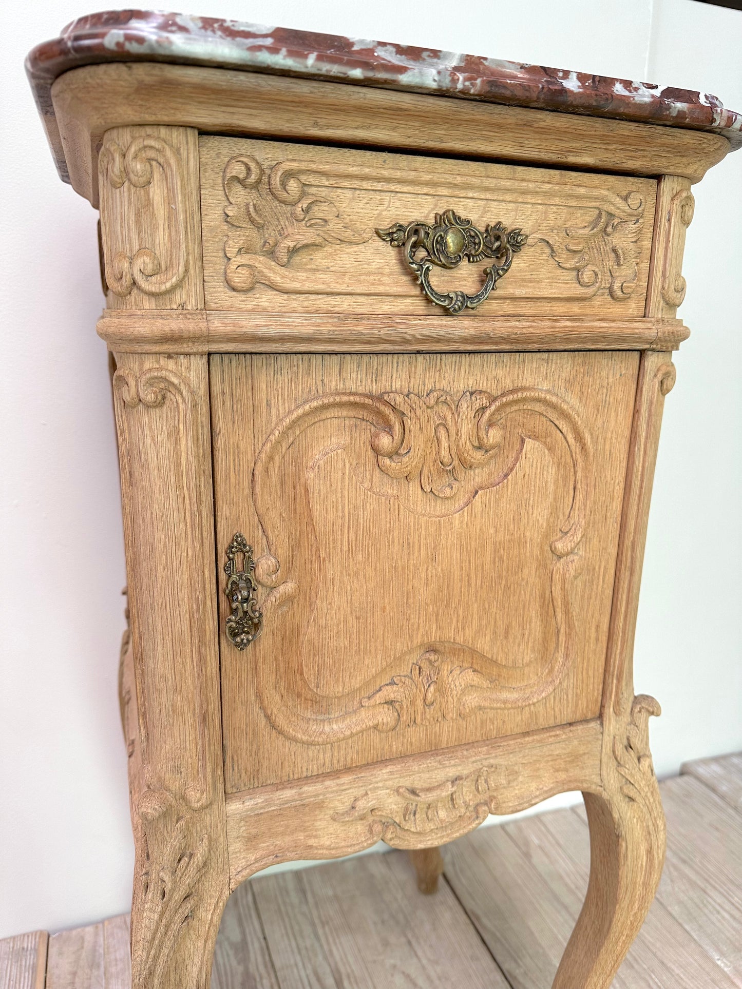 Antique French Pair of Louis XV Raw Oak Marble Top Bedside Tables