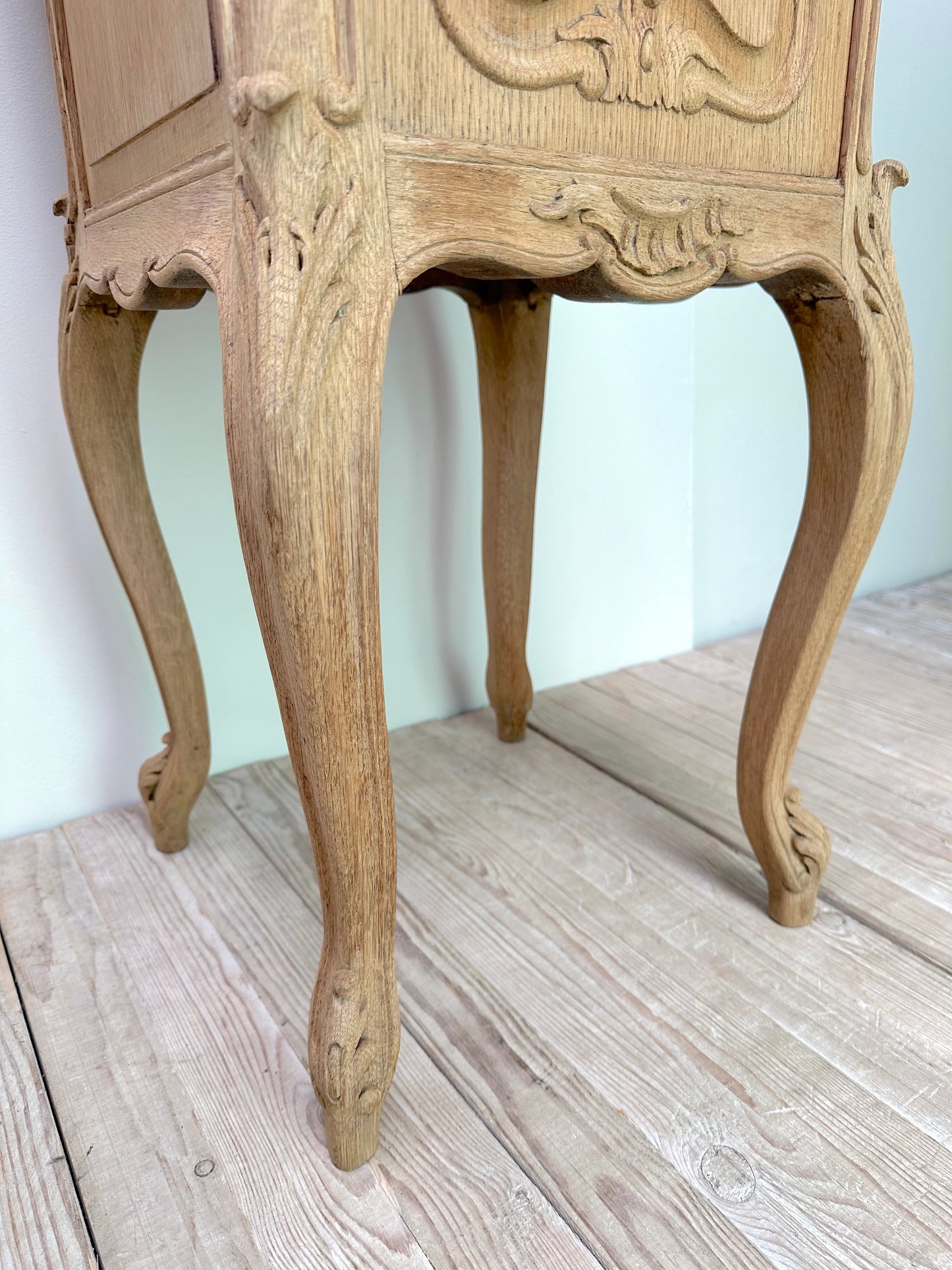 Antique French Pair of Louis XV Raw Oak Marble Top Bedside Tables