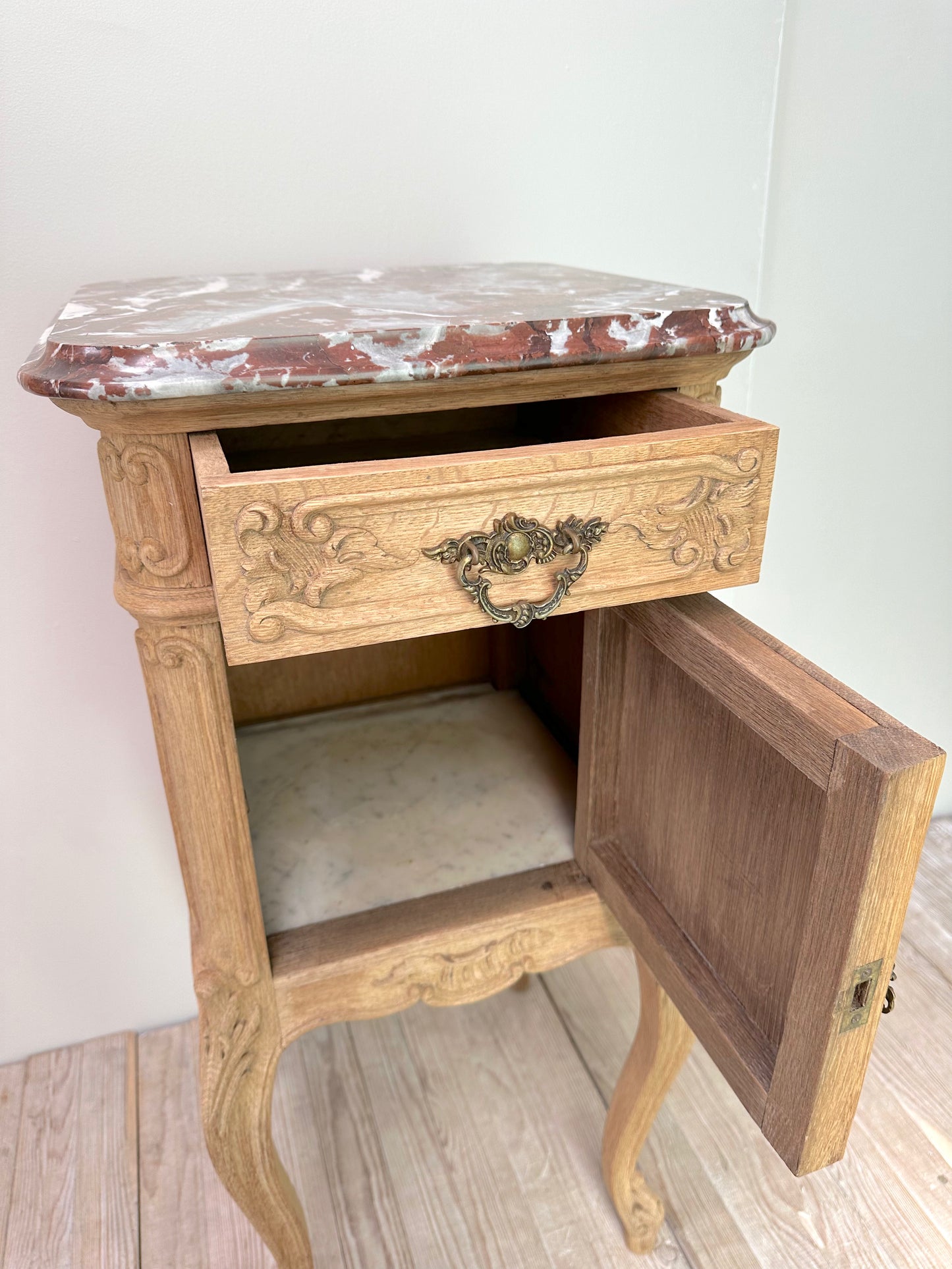 Antique French Pair of Louis XV Raw Oak Marble Top Bedside Tables