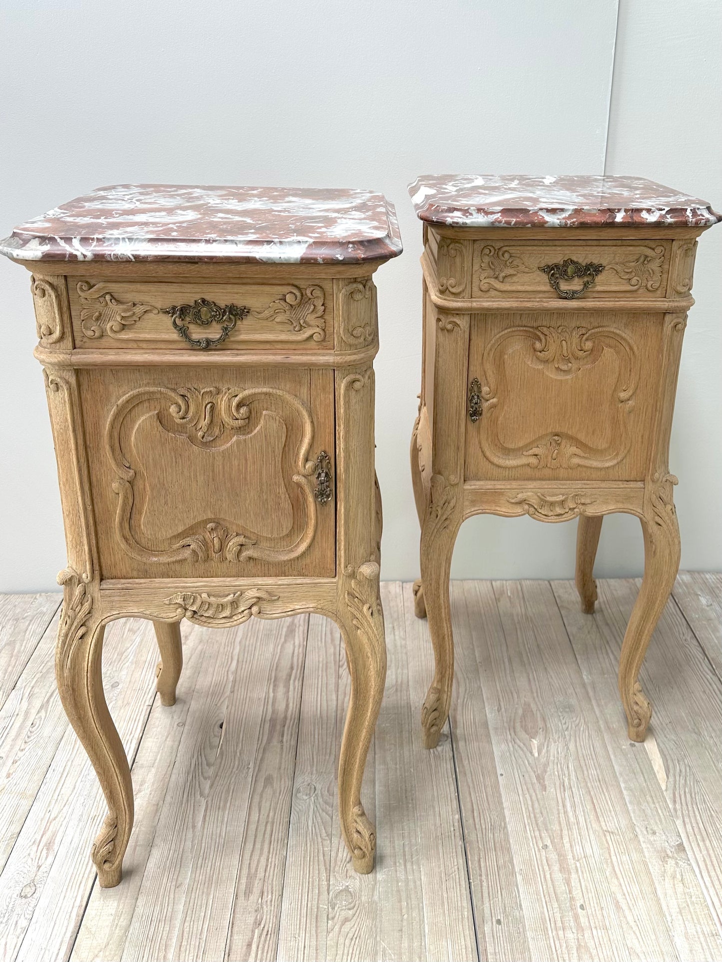 Antique French Pair of Louis XV Raw Oak Marble Top Bedside Tables