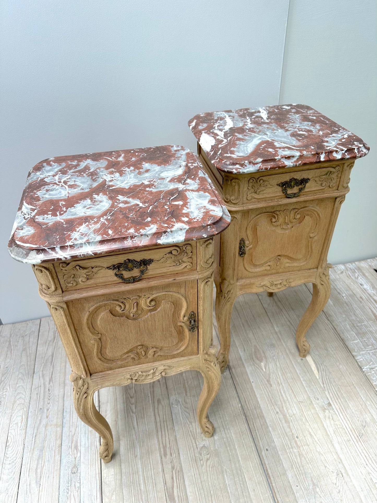 Antique French Pair of Louis XV Raw Oak Marble Top Bedside Tables