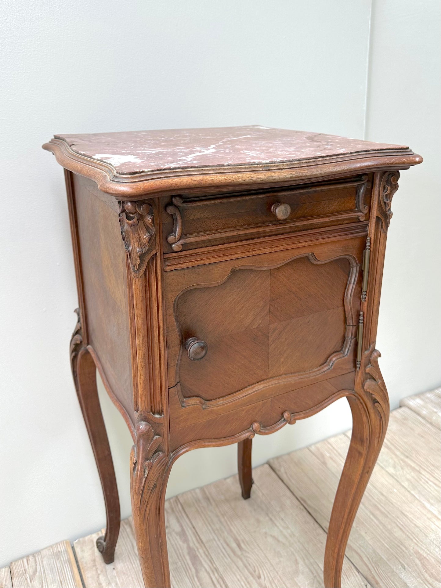 Antique French Louis XV Quartercut Veneer Bedside Table