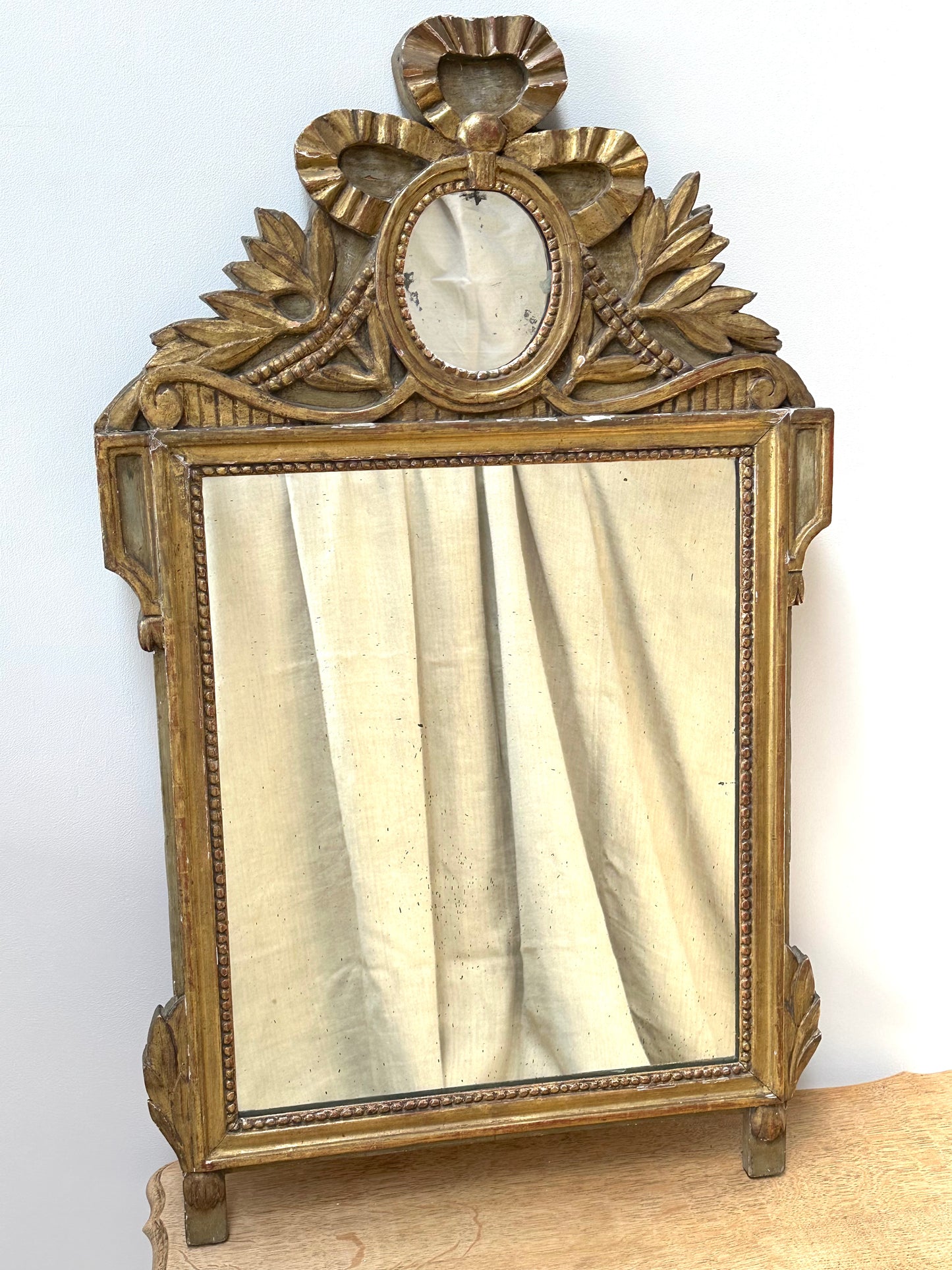 Antique French Ribbon Medallion Gold Gilt Mirror