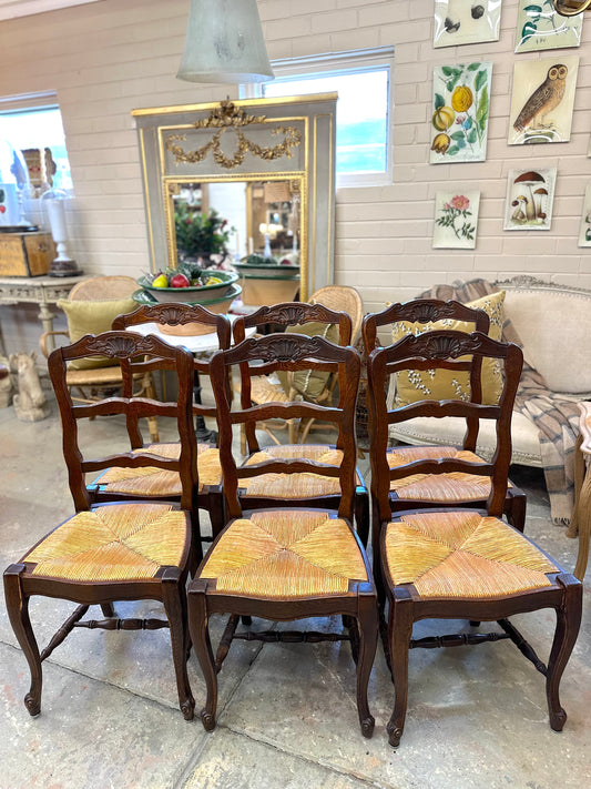 Set of 6 Antique French Dark Oak Dining Chairs