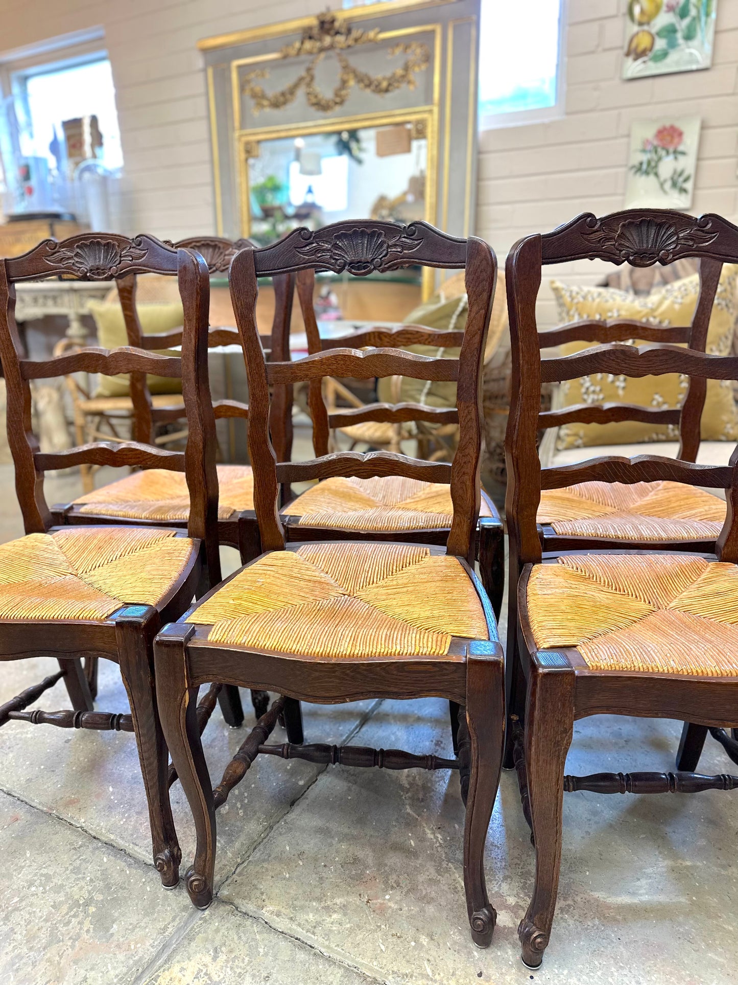 Set of 6 Antique French Dark Oak Dining Chairs