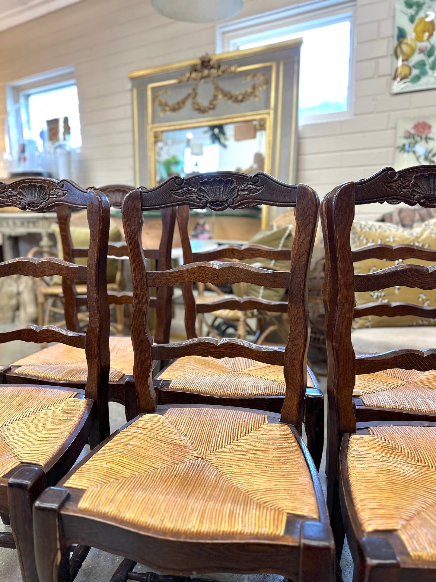 Set of 6 Antique French Dark Oak Dining Chairs