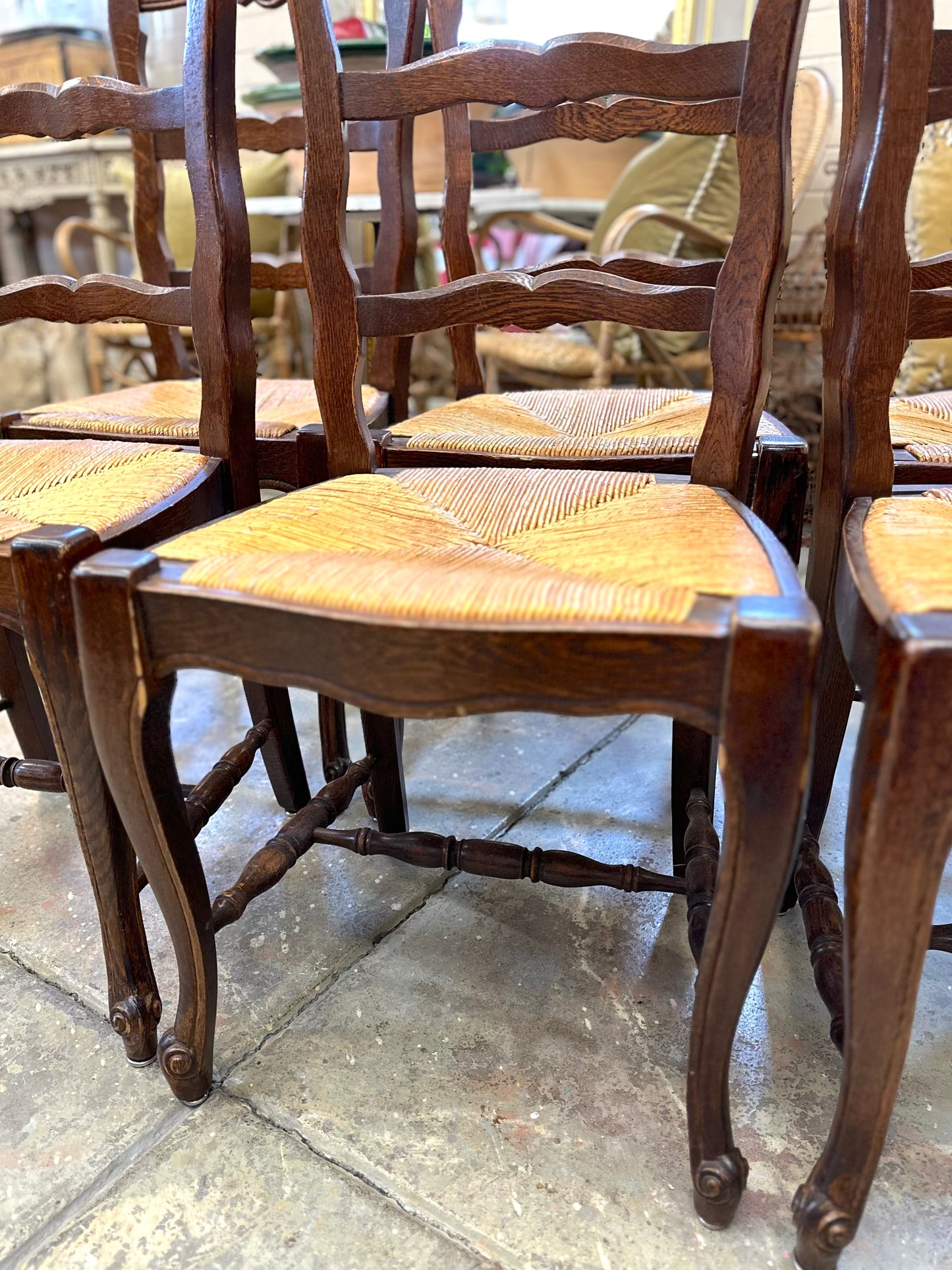 Set of 6 Antique French Dark Oak Dining Chairs