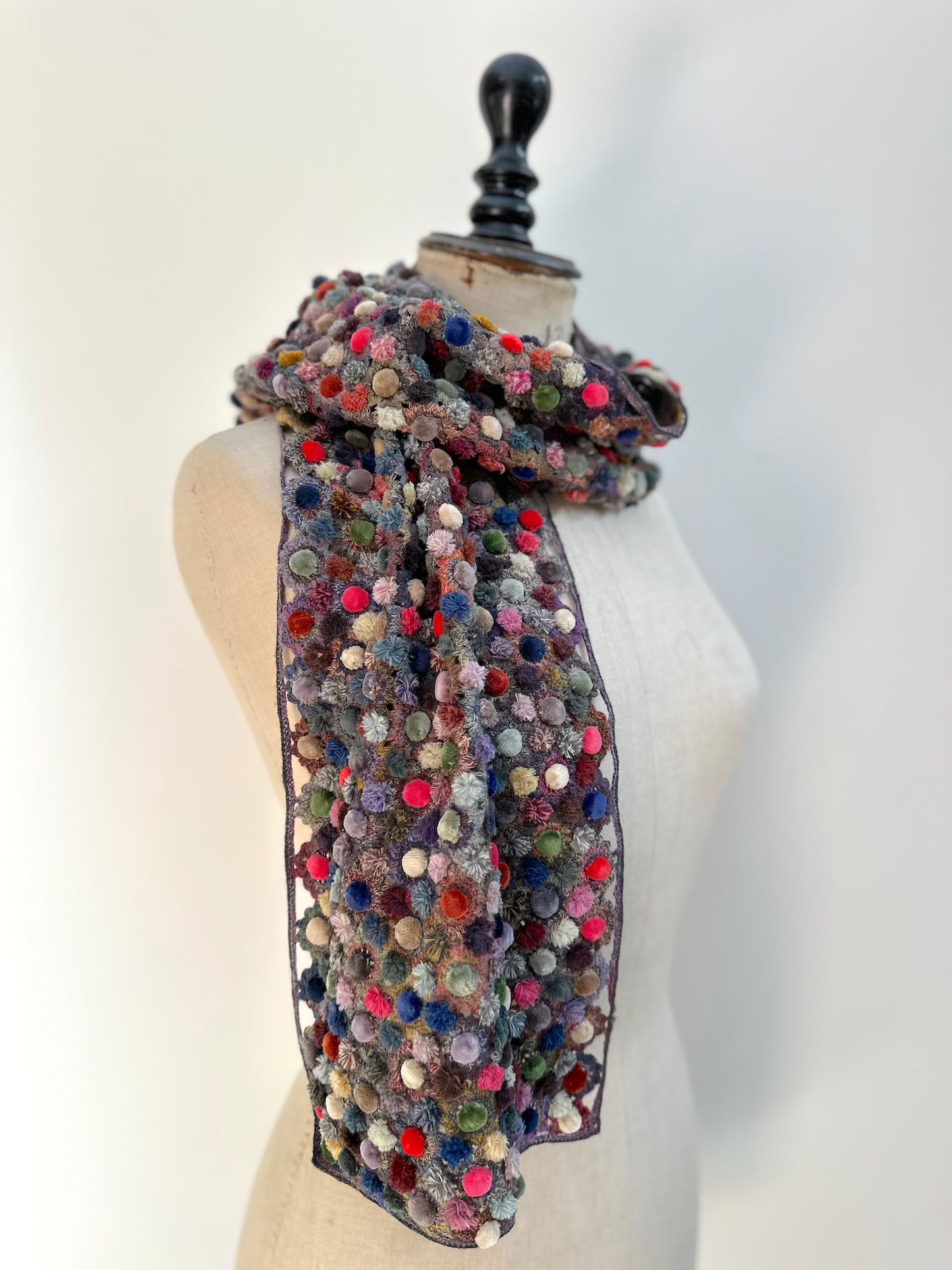 Sophie Digard Open Weave Flowers With Velvet Bobbles Crochet Wool Scarf