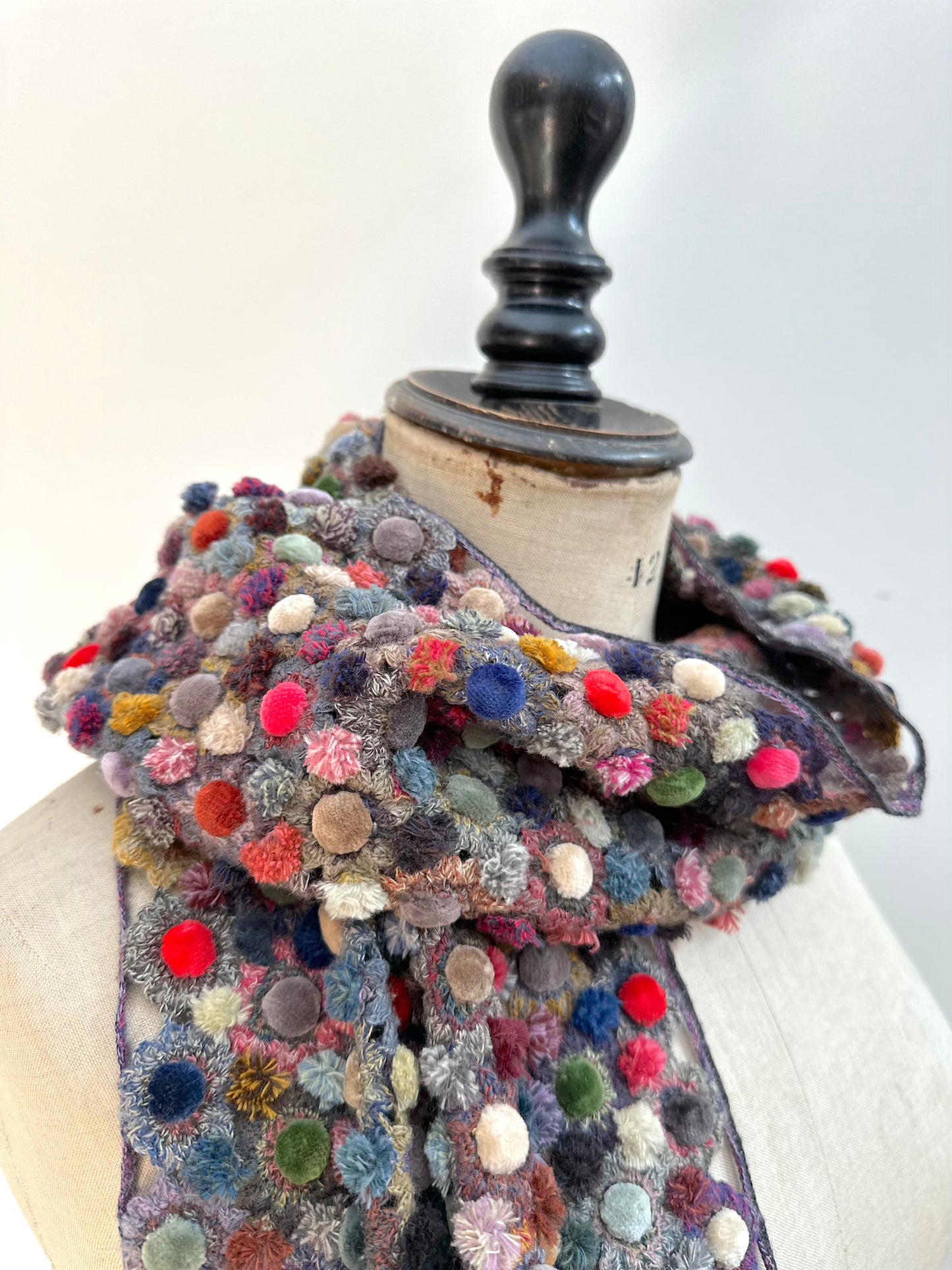 Sophie Digard Open Weave Flowers With Velvet Bobbles Crochet Wool Scarf