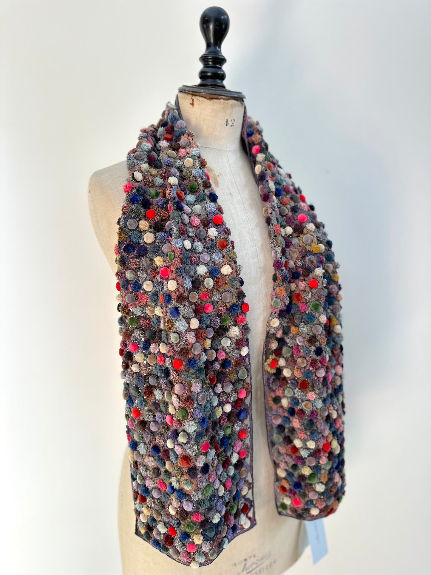 Sophie Digard Open Weave Flowers With Velvet Bobbles Crochet Wool Scarf