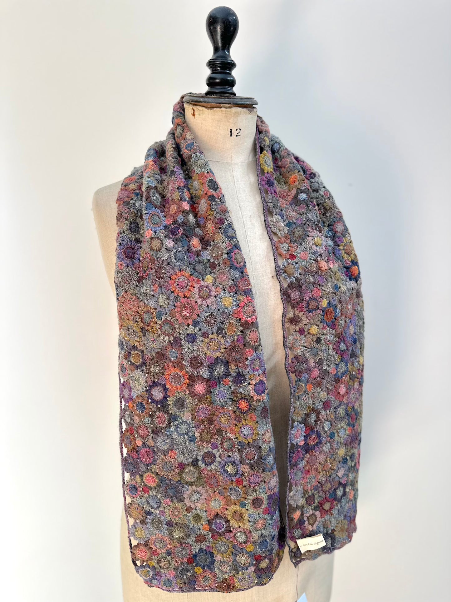 Sophie Digard Open Weave Flowers With Velvet Bobbles Crochet Wool Scarf