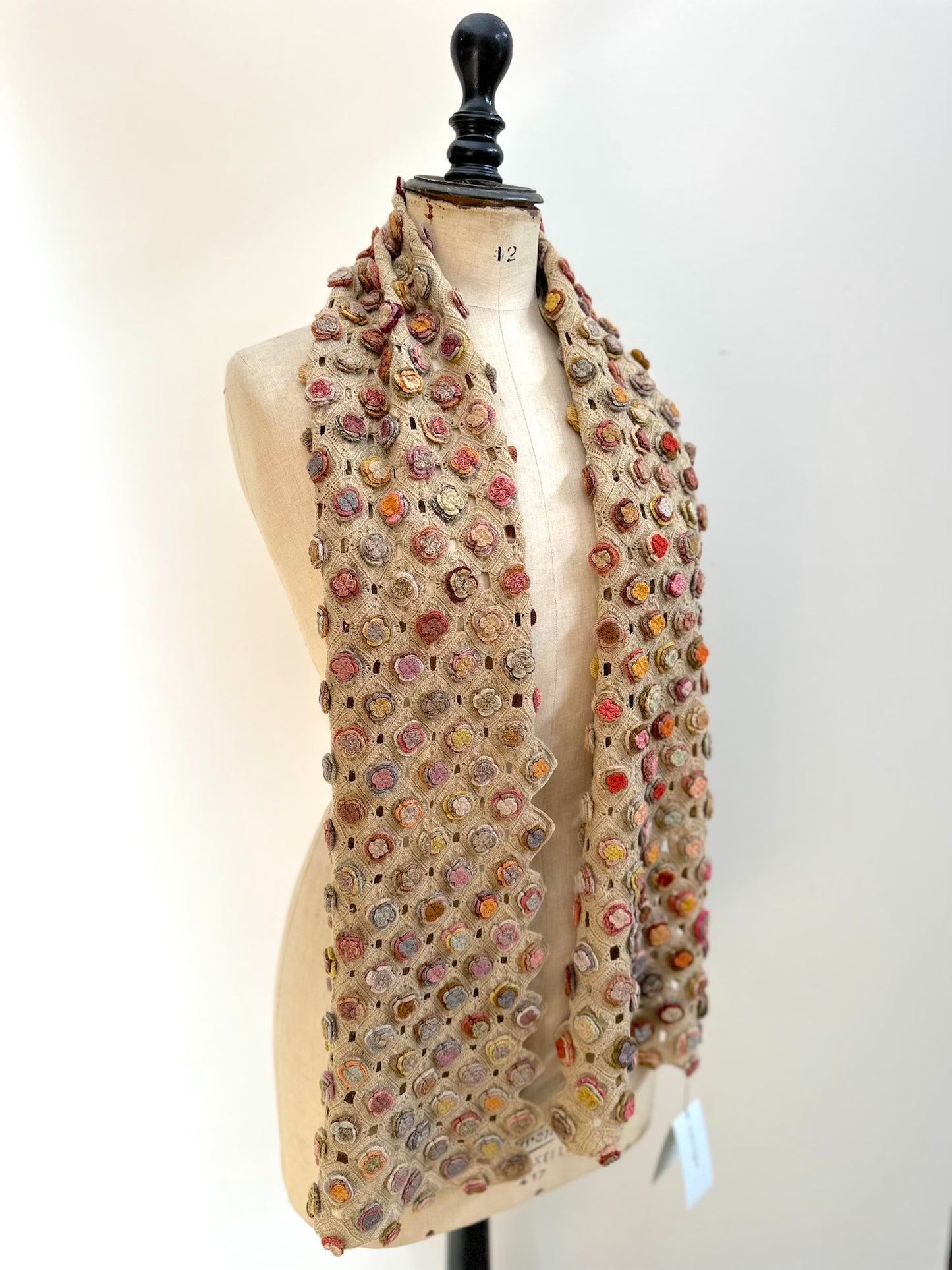 Sophie Digard Bright Multi Flower Applique Crochet Wool Scarf