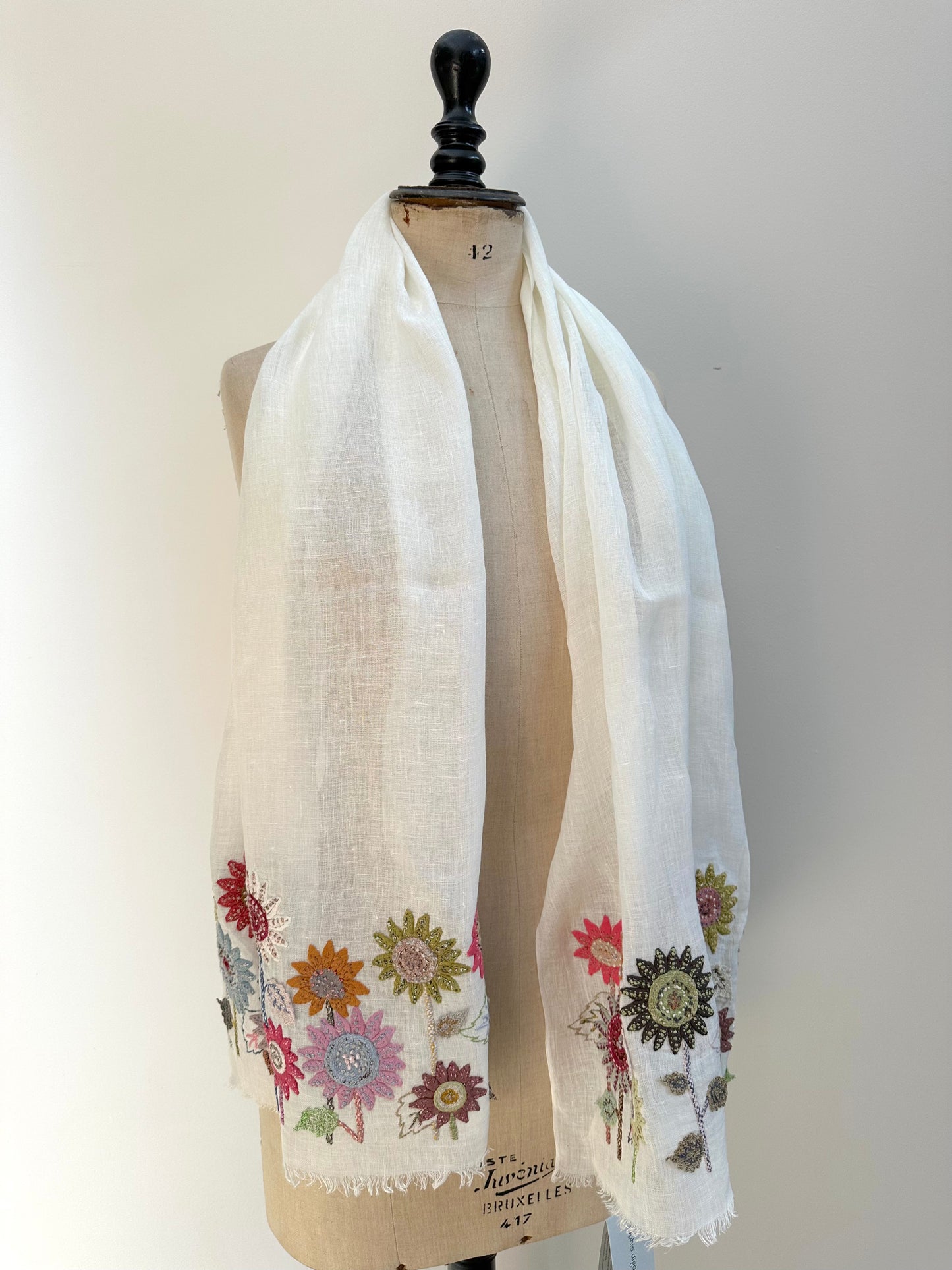 Sophie Digard Flower Garden Applique Linen Scarf