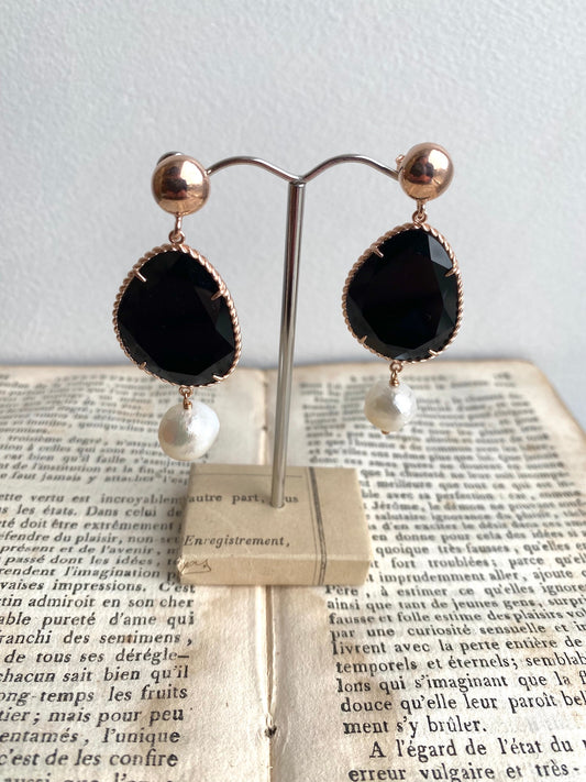 Italian Black Agate And Pearl Stud Earrings