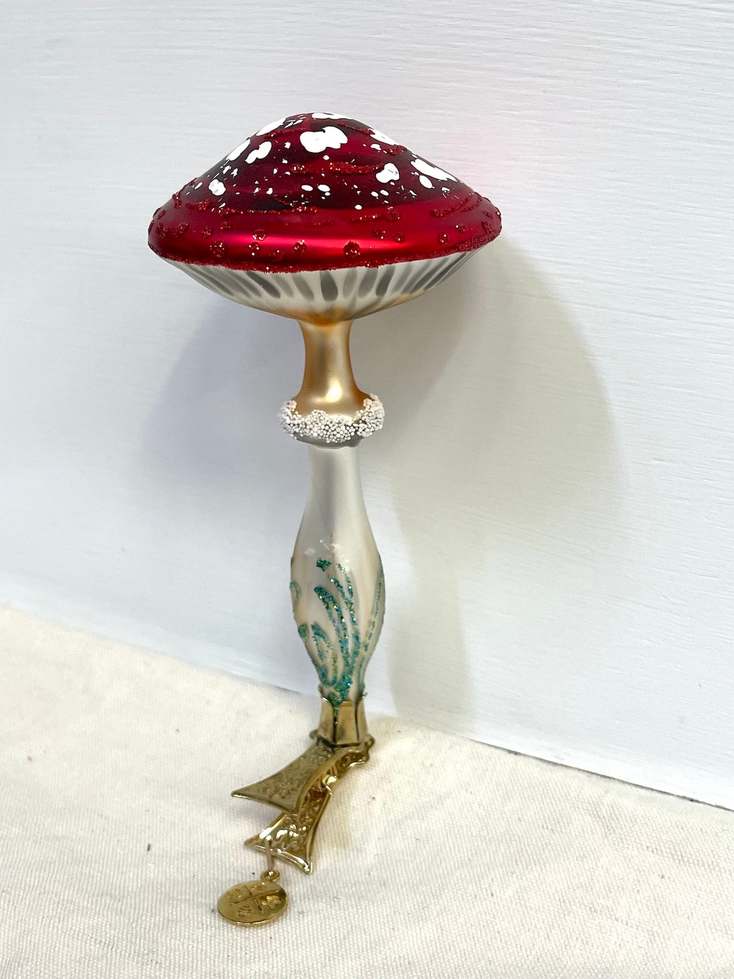 Polish Glass Christmas Ornament - Hourglass Mushroom on Clip