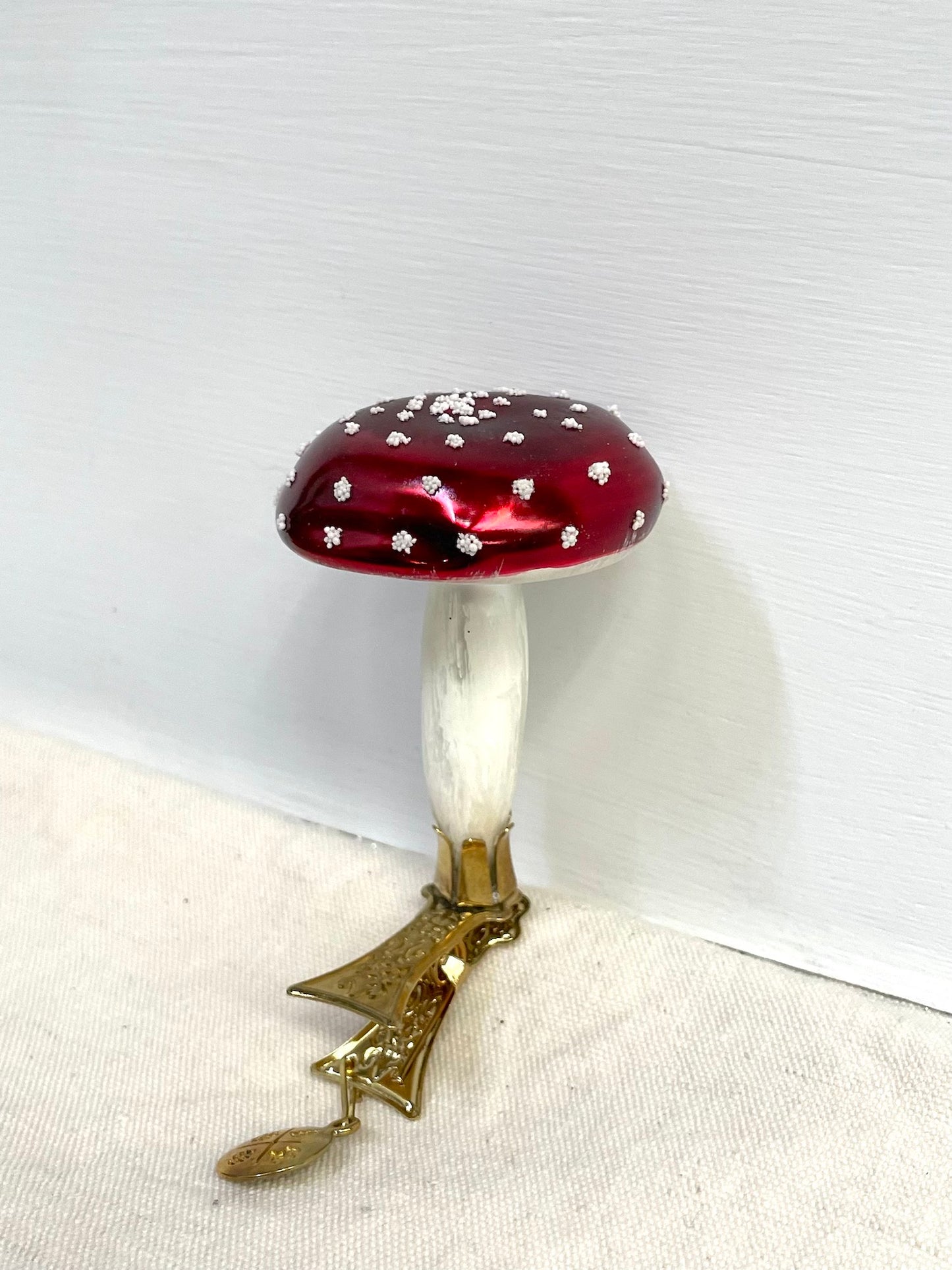 Polish Glass Christmas Ornament - Small Spotted Mushroom on Clip