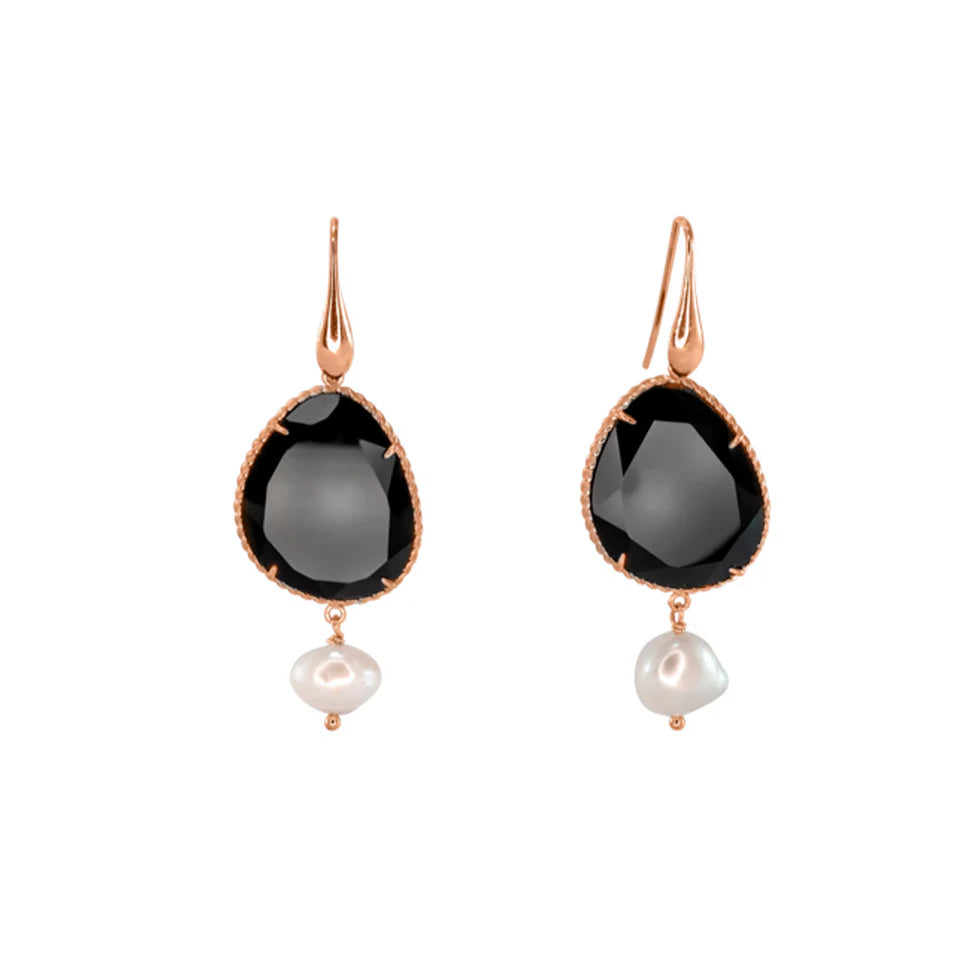 Italian Large Black Agate Teardrop Earrings With Pearl