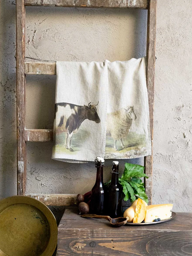 European Linen 'Sheep & Cow' Pair of Tea Towels