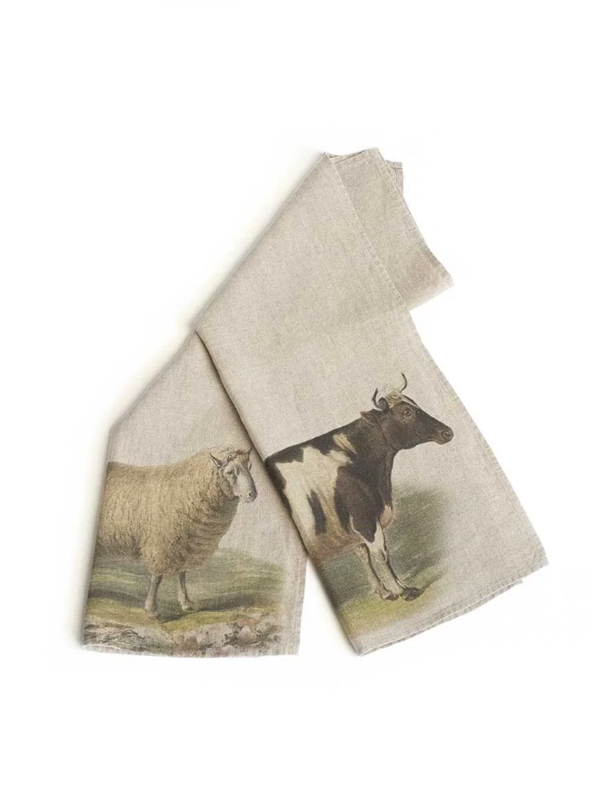 European Linen 'Sheep & Cow' Pair of Tea Towels