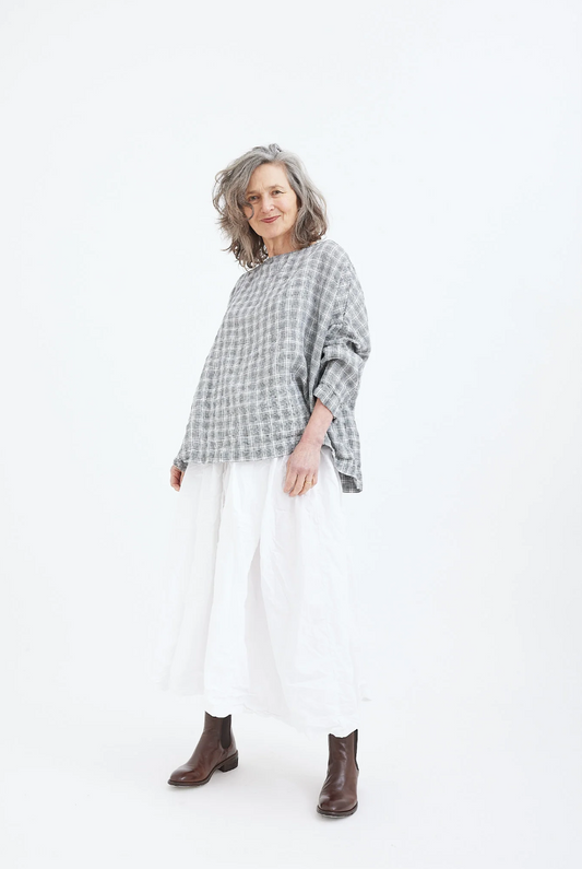 Metta Sailor Boxy Top - Black Textured Check Linen