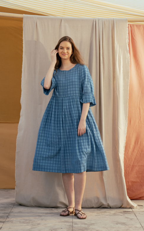 DVE 'Aega' Cotton/Silk Dress - Parisian Blue Check