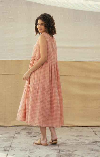 DVE 'Vidya' Silk/Cotton Dress - Blush Check