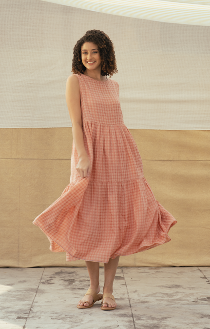 DVE 'Vidya' Silk/Cotton Dress - Blush Check