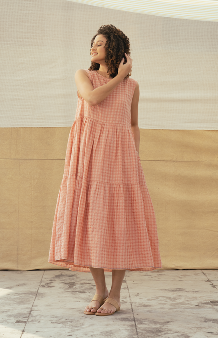 DVE 'Vidya' Silk/Cotton Dress - Blush Check