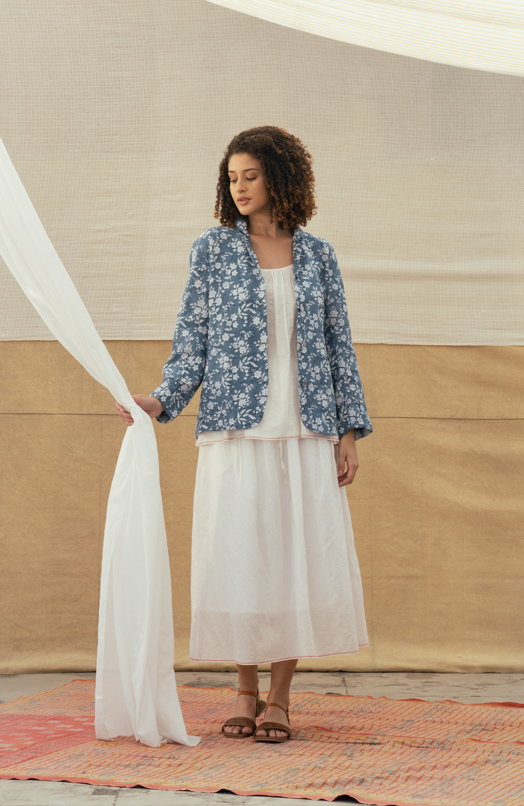 DVE 'Vaaruni' Linen Jacket - Aegean Blue Floral